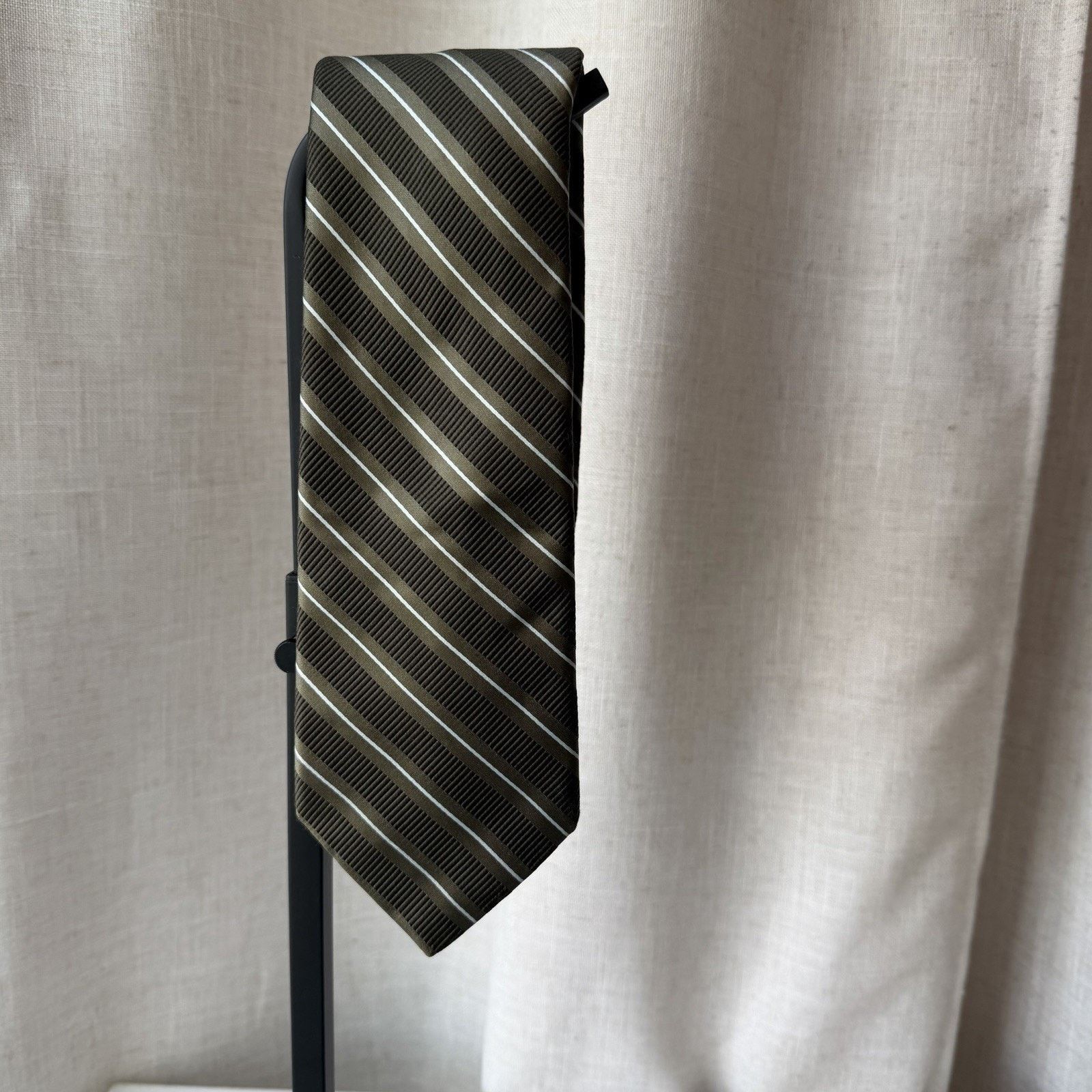 Ike Behar Ike Behar Striped Silk/Cotton Tie – Olive/Brown Size ONE SIZE - 7 Thumbnail