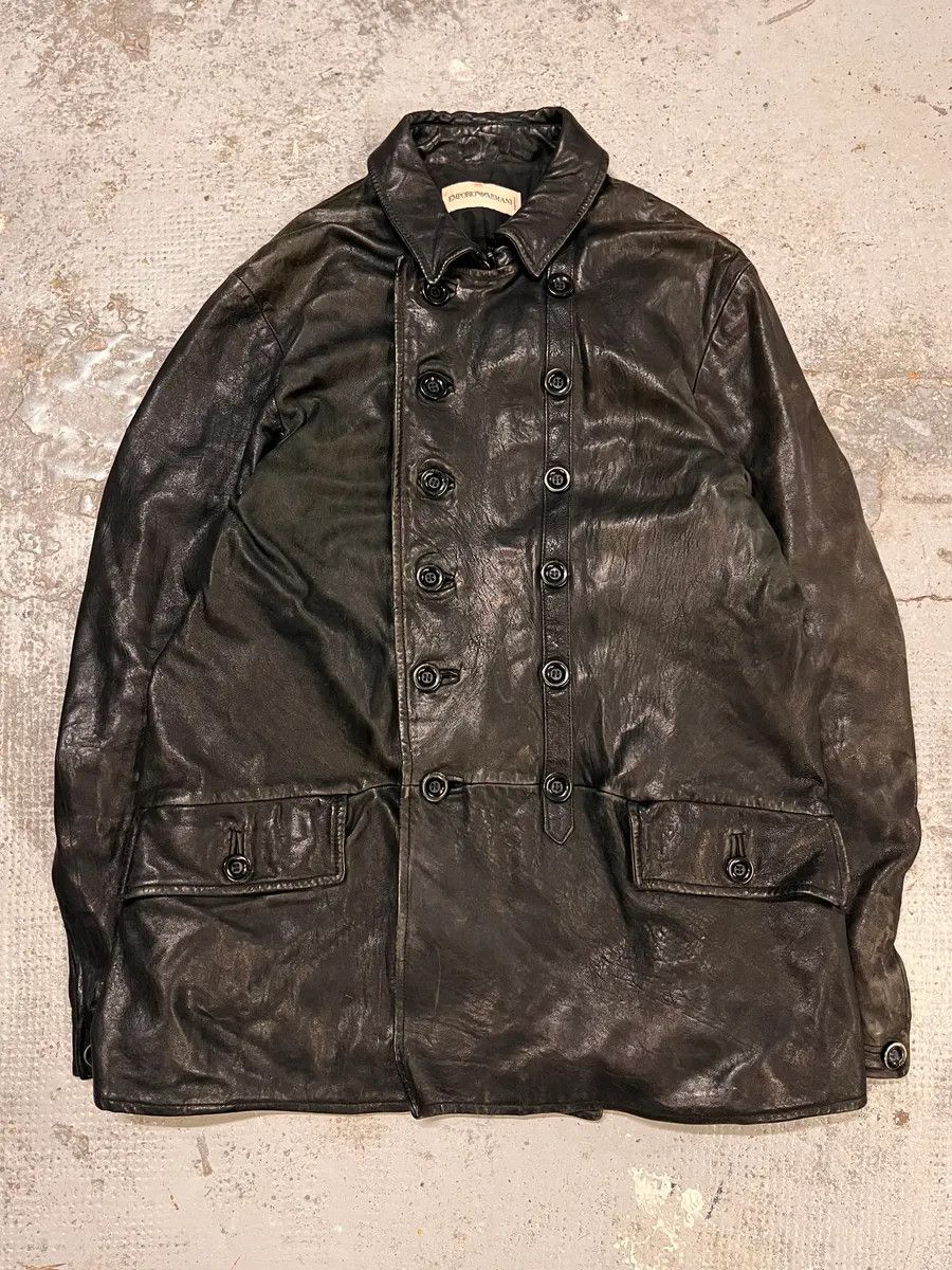 Emporio Armani AW2006 Emporio Armani Officer Buttoned Black Leather Peacoat Jacket Size US L / EU 52-54 / 3 - 4 Thumbnail