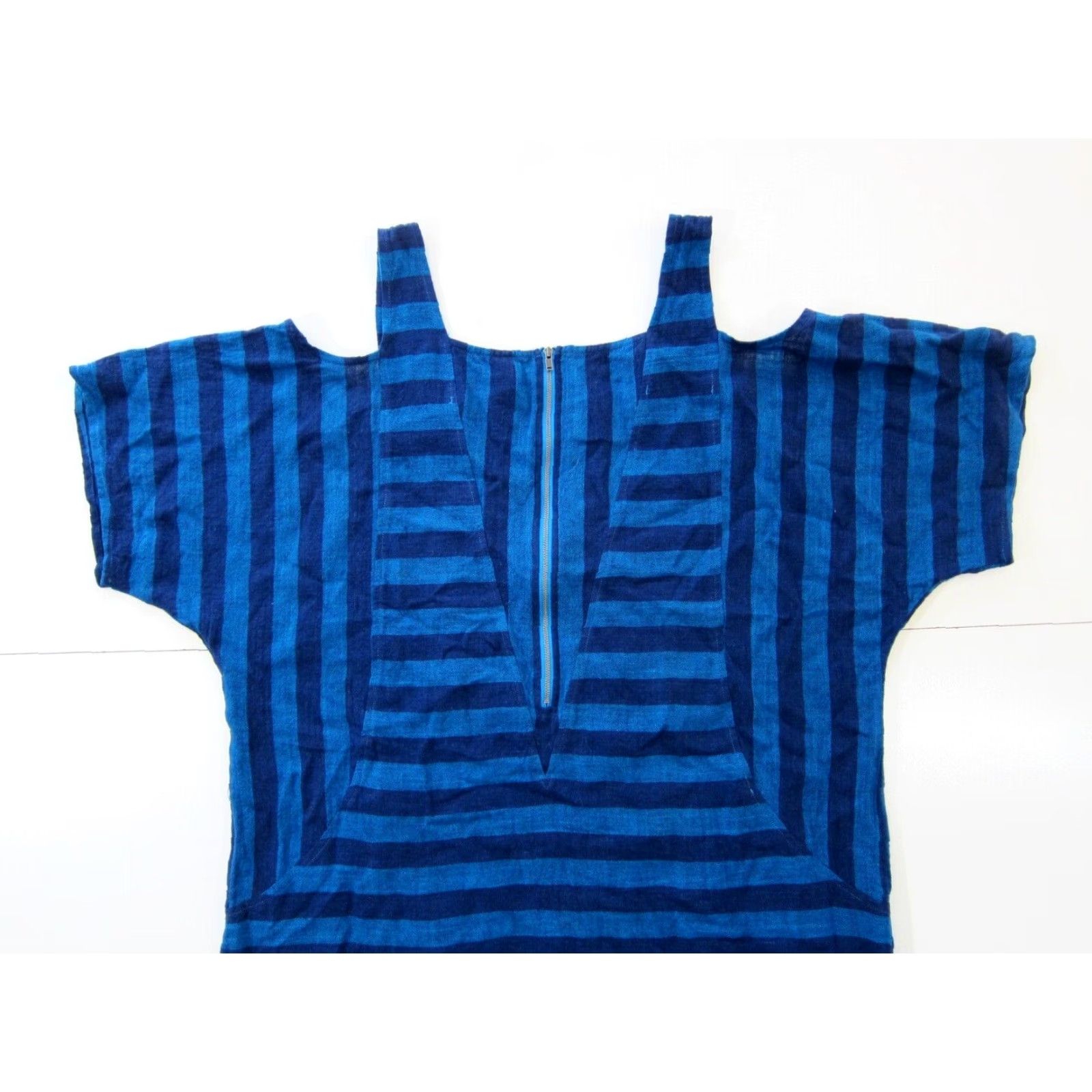 Soft Surroundings VINTAGE Soft Surroundings Linen Blue Stripe Boxy Peep Shoulder Tunic Pocket Blouse Large Size L / US 10 / IT 46 - 6 Thumbnail