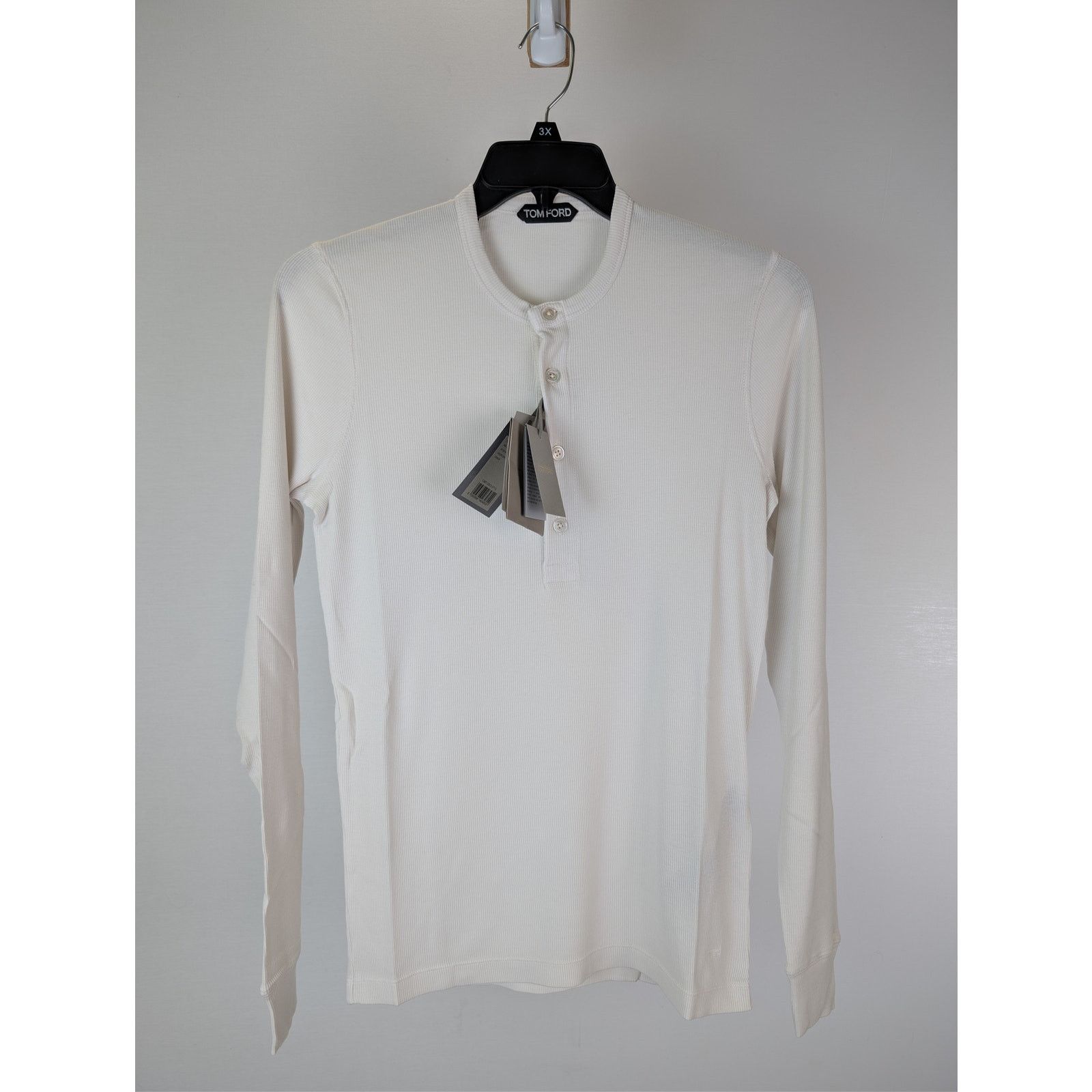 Tom Ford o1rshd1 Ribbed Henley Shirt Sweatshirt T-Shirt in Chalk 60 Size US XXL / EU 58 / 5 - 2 Thumbnail
