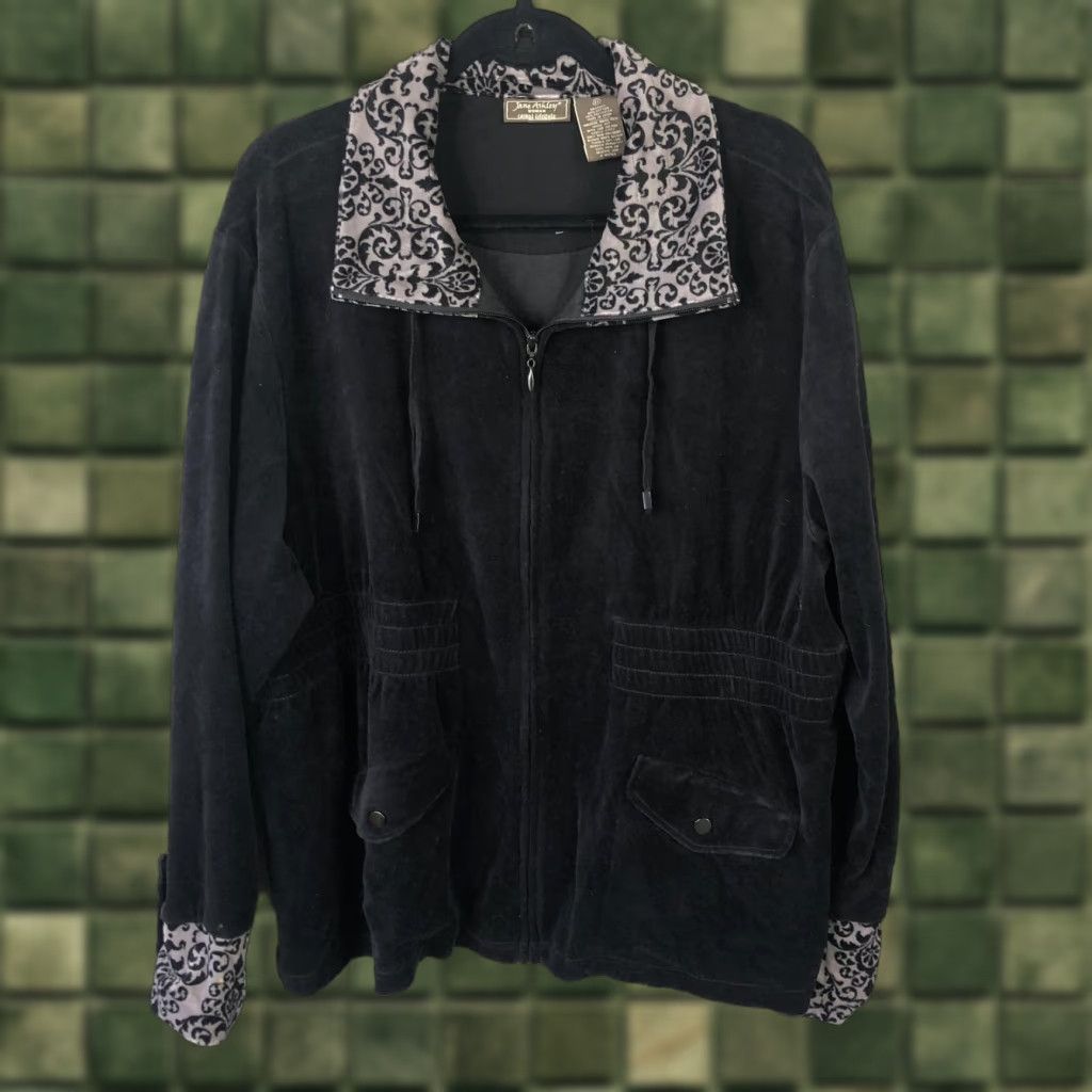 Velour Jane Ashley Jacket Womens 2X Black Velour Zip Up Collared Damask Trim Pockets Size XXL / US 16-18 / IT 52-54 - 1 Thumbnail