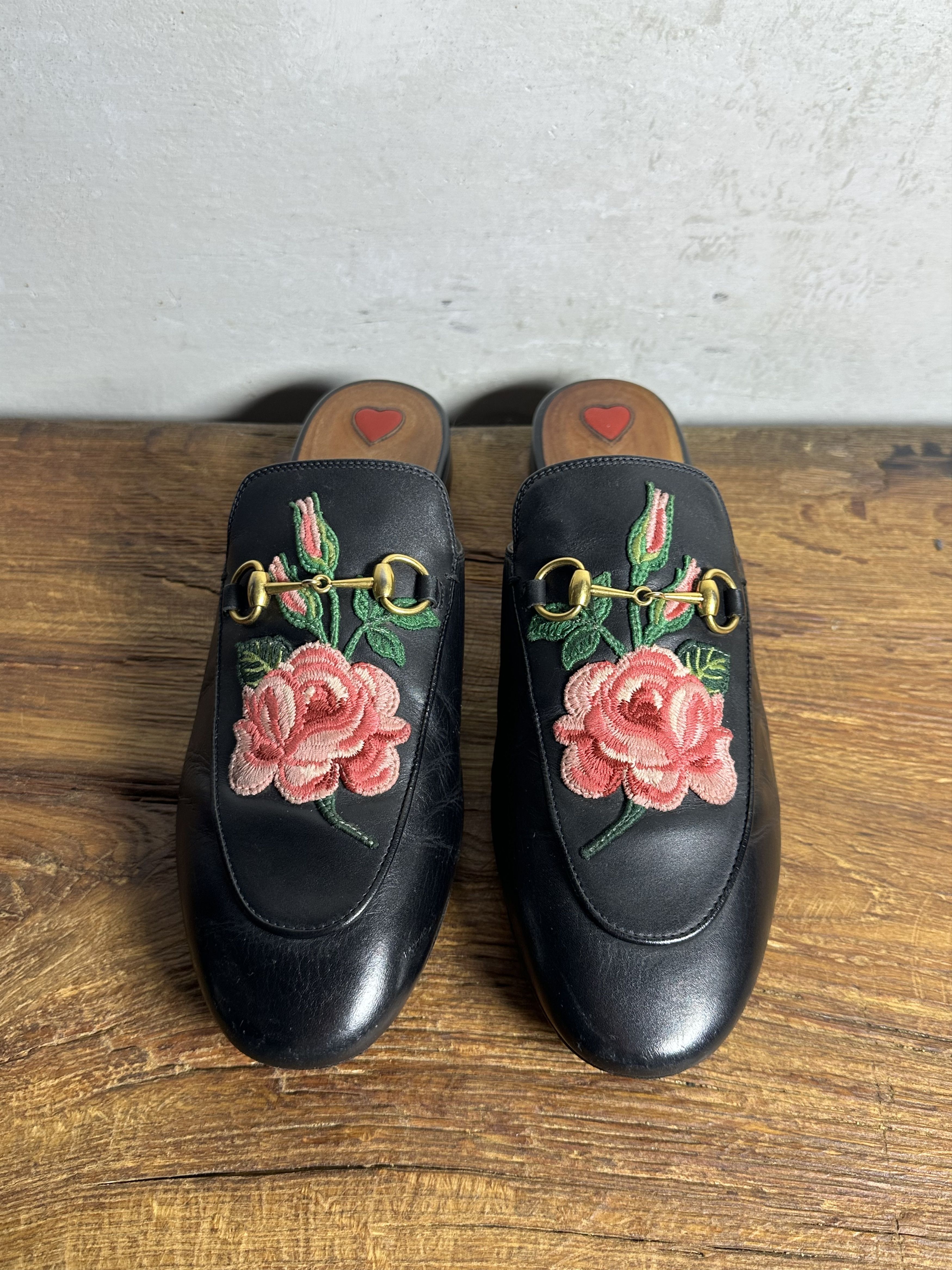 Gucci GUCCI Rose Embroidered Princetown Horsebit Leather Mules Size US 10 / IT 40 - 8 Thumbnail