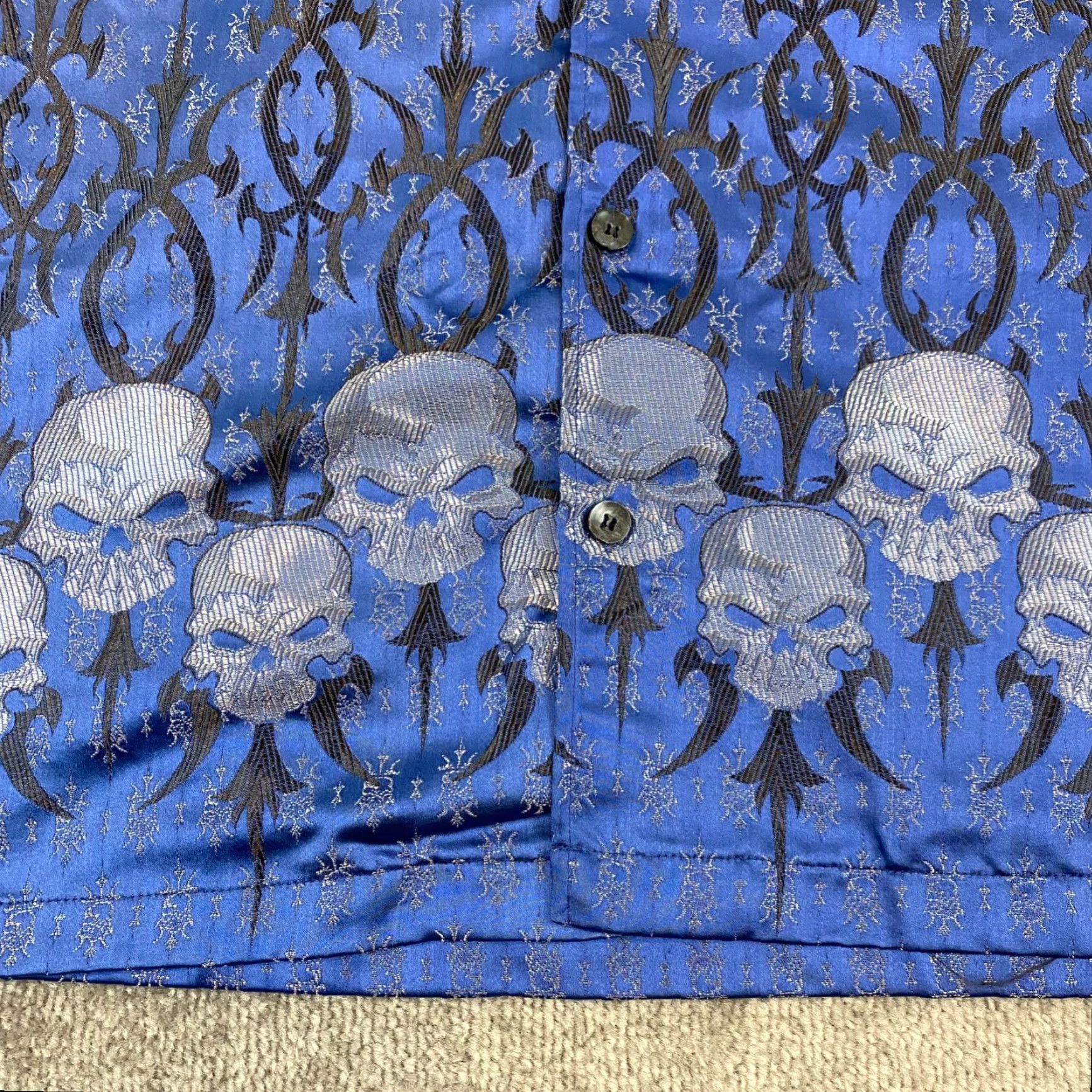 Vintage VINTAGE MT:2 Shirt Mens 3XL Blue All Over Skull Print Grunge Shiny Sword Button Up Y2K Size US M / EU 48-50 / 2 - 3 Thumbnail