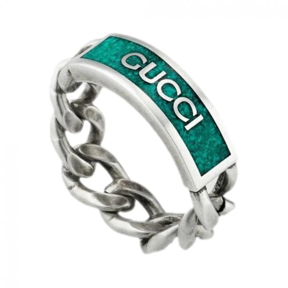 Gucci Gucci Silver/Green Marbled Enamel Cuban Ring - Size: 17IT Size ONE SIZE - 1 Thumbnail