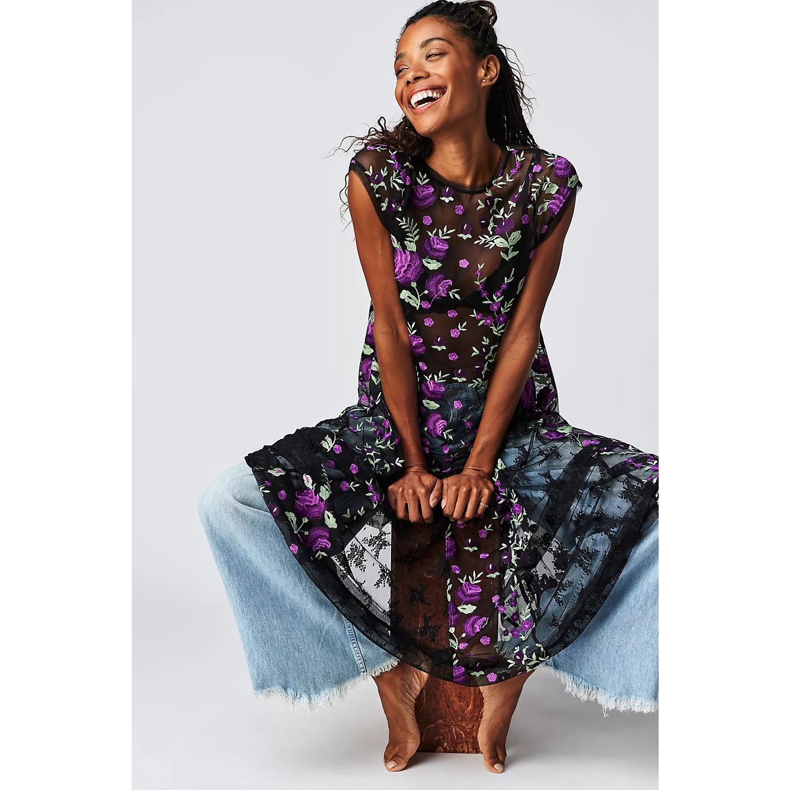 Free People New Sky Bright Floral Midi Dress $228 SMALL Black/Purple Size S / US 4 / IT 40 - 1 Thumbnail