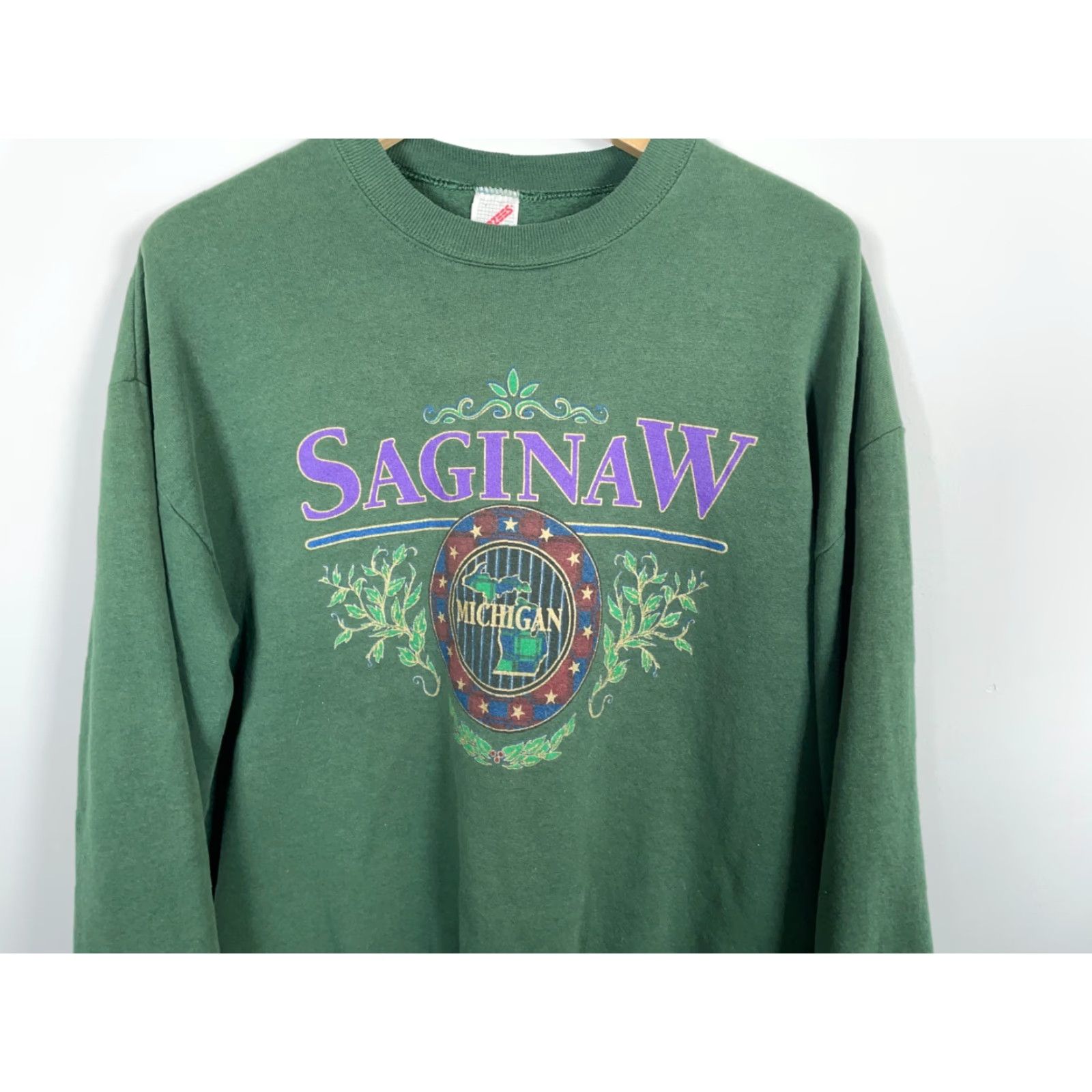 Jerzees Vintage Yes Saginaw Michigan 90s Sweatshirt Jerzees Tag 50/50 XL Green Crewneck Pullover Cotton Polyester Cotton Blend Adult Men United States Size US XL / EU 56 / 4 - 4 Thumbnail
