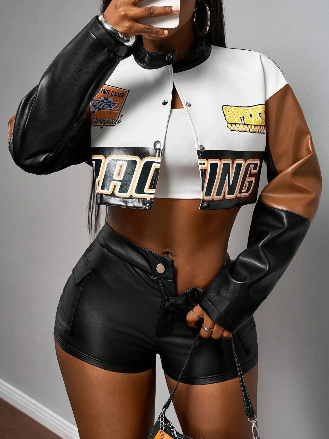 Other Women’s Cropped Racing Black White Brown Biker Jacket Size M / US 6-8 / IT 42-44 - 5 Thumbnail