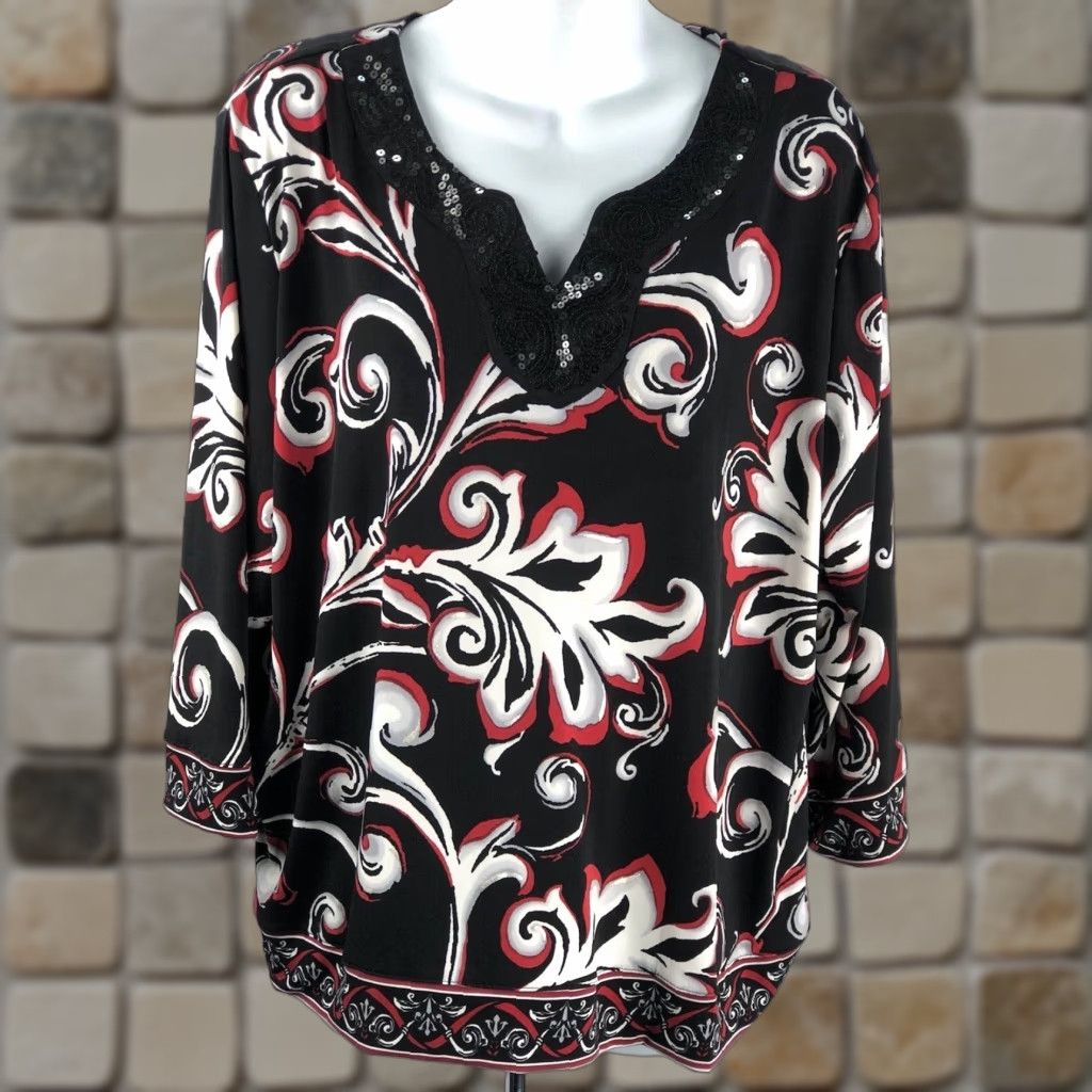 Vintage Alfred Dunner Tunic Top PXL Blk/red Mod Geo Sequin V-Neck 3/4 Sleeve Women Size XL / US 12-14 / IT 48-50 - 1 Thumbnail