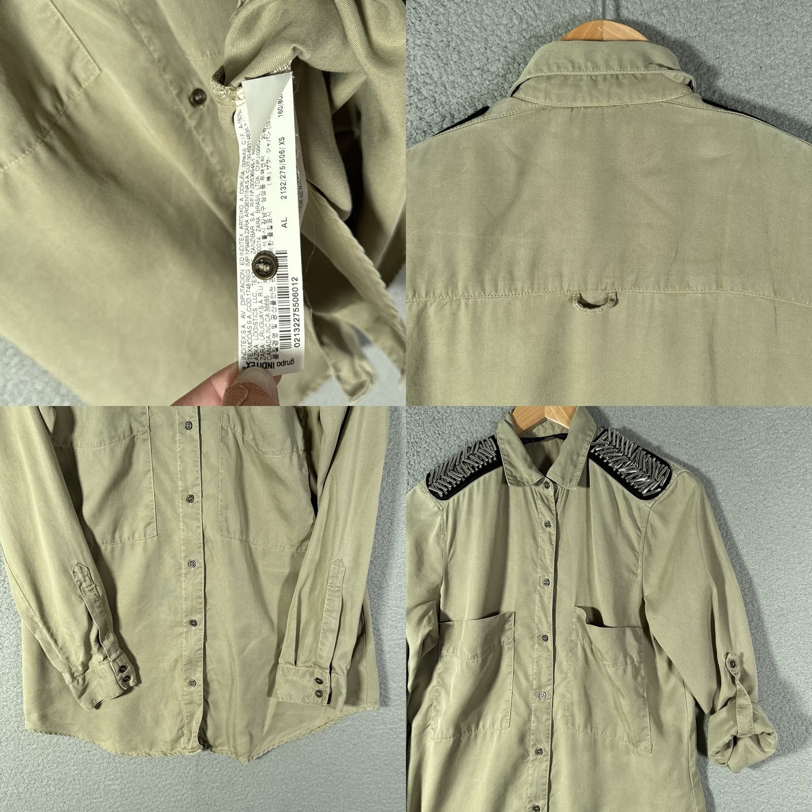 Zara Zara Shirt Womens XS Khaki Military Style Button-Up Long Sleeve Collared Beaded Studded Pockets Boho Streetwear Size XS / US 0-2 / IT 36-38 - 8 Thumbnail