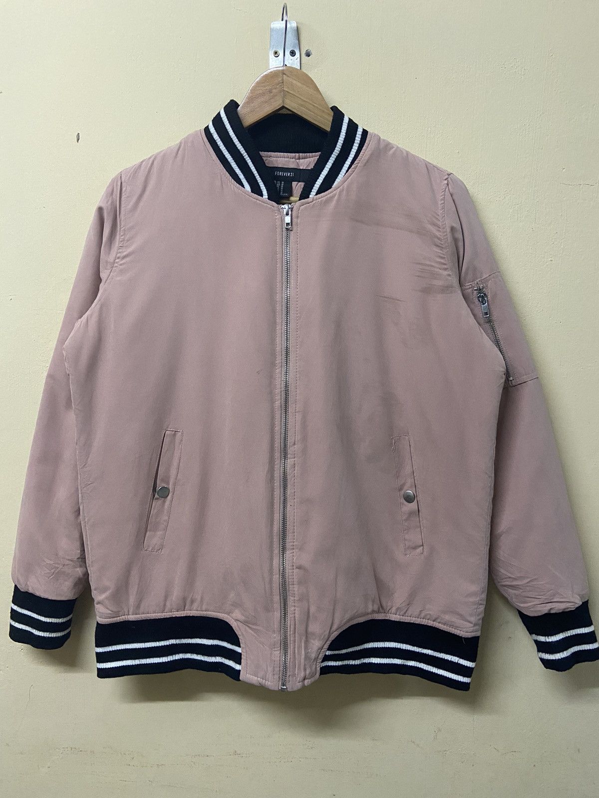 image of Forever 21 Hello Embroidered Graphic Bomber in Soft Pink, Women's (Size Medium)