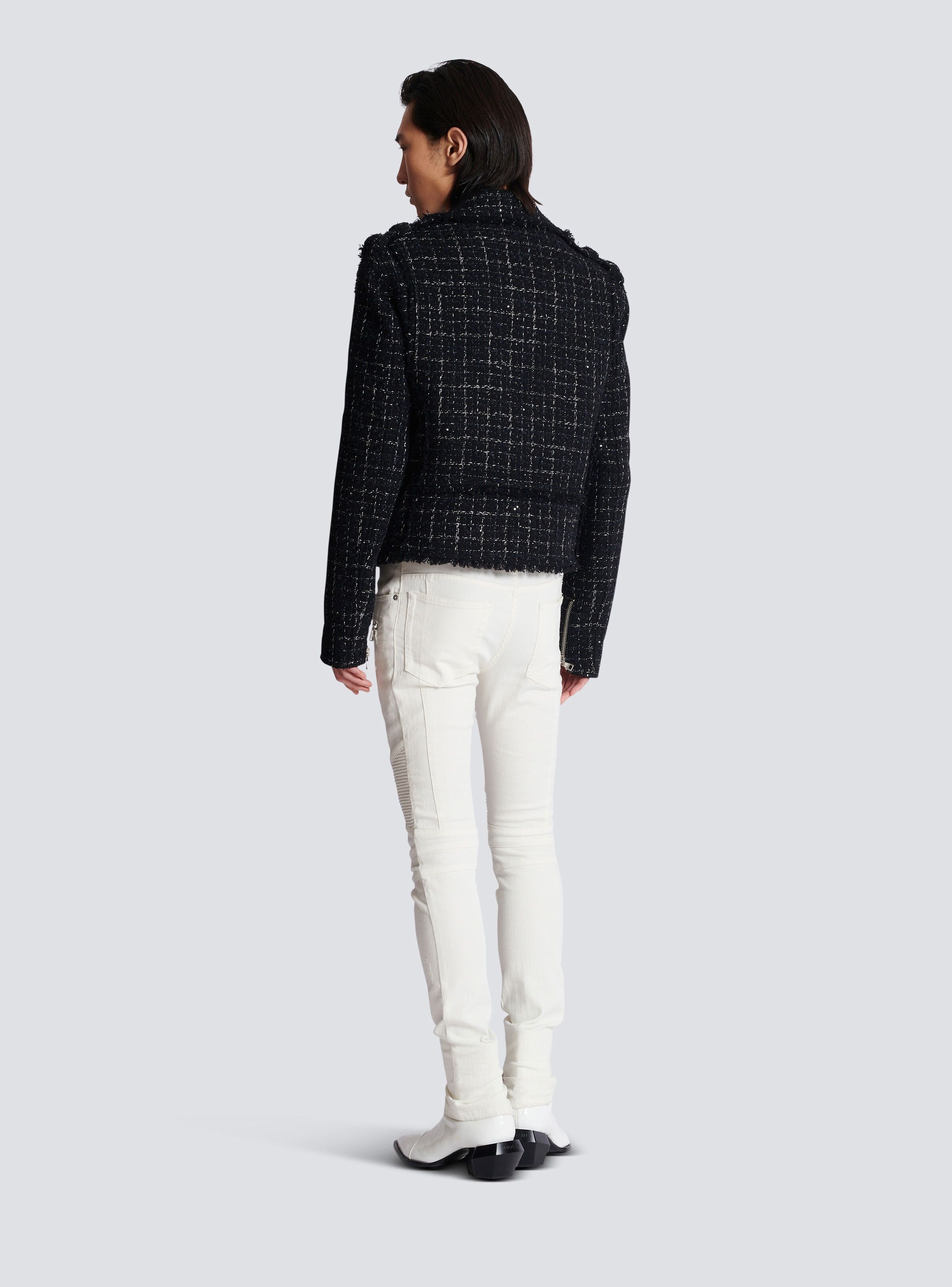 Balmain o1s1wg111025 Checked Tweed Biker Jacket in Black Size US XL / EU 56 / 4 - 4 Thumbnail