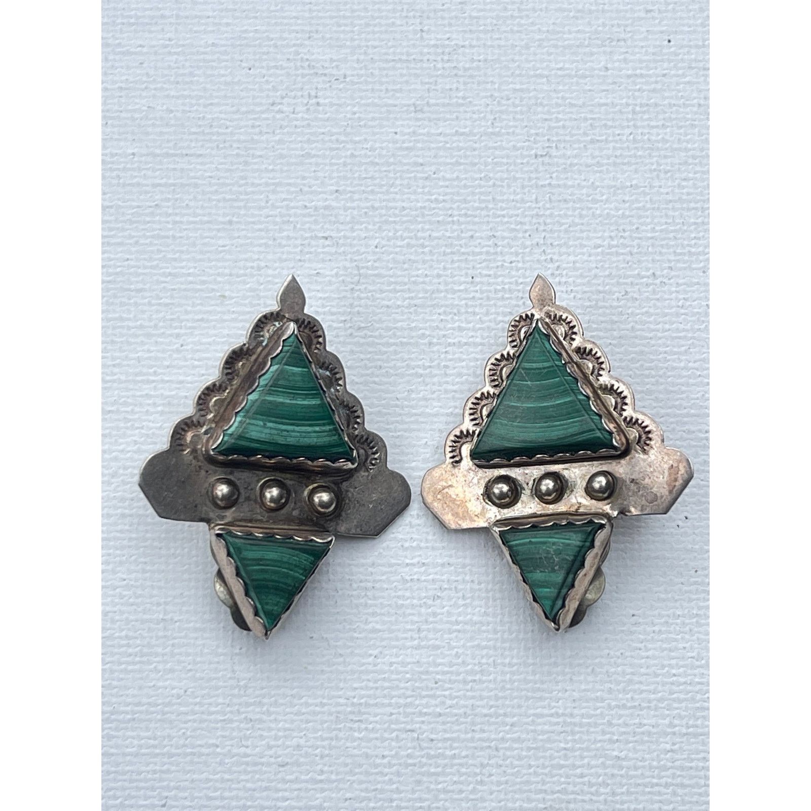 Vintage Navajo Sterling Silver Malachite Earrings - Native American Size ONE SIZE - 2 Thumbnail