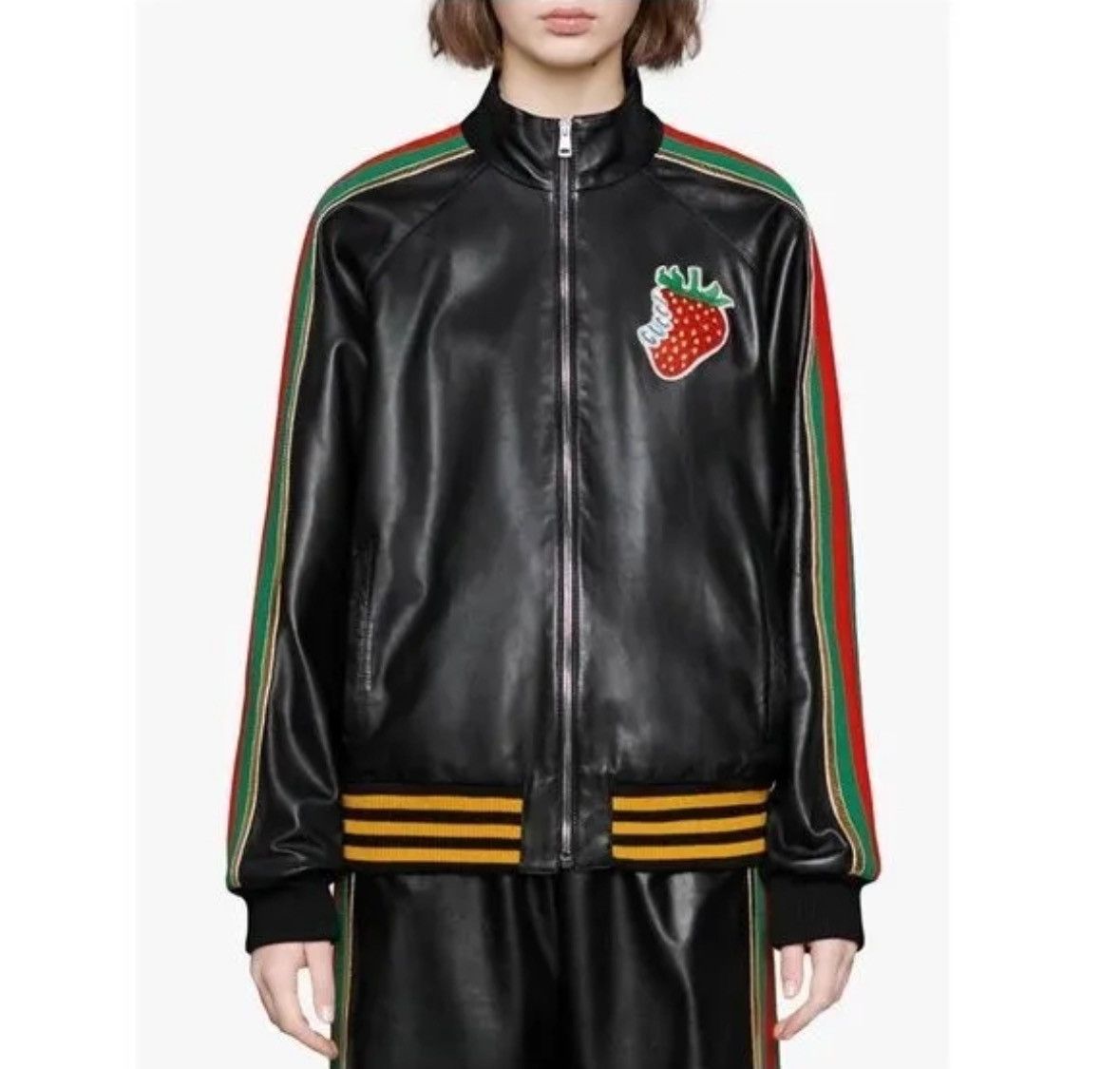 Gucci GUCCI Strawberry Patch Leather Bomber Jacket Size L / US 10 / IT 46 - 1 Thumbnail