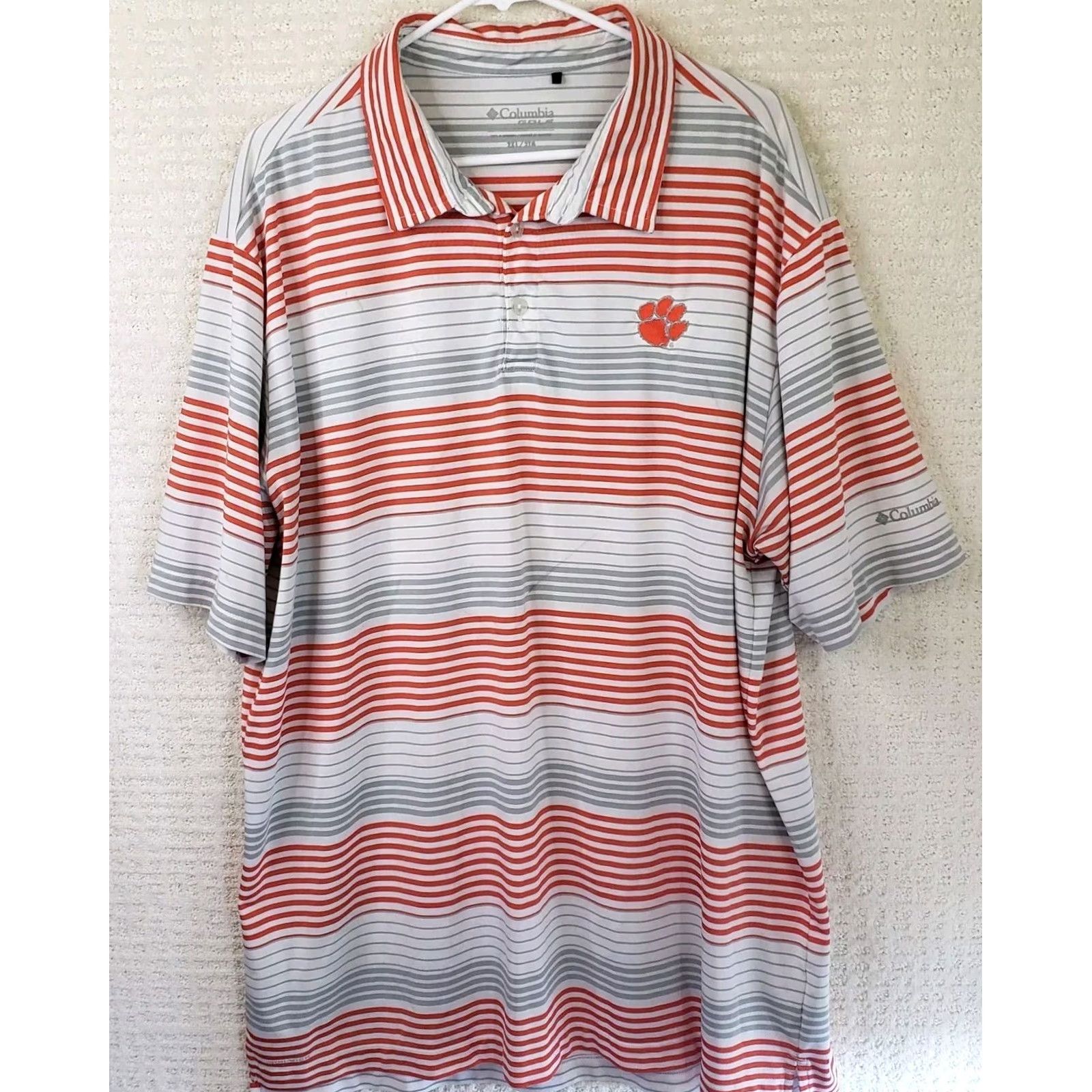 Vintage Columbia Polo Shirt Mens Short Sleeve Golf Light Gray Stripe Clemson Tigers Logo (XL) Size US XL / EU 56 / 4 - 2 Thumbnail