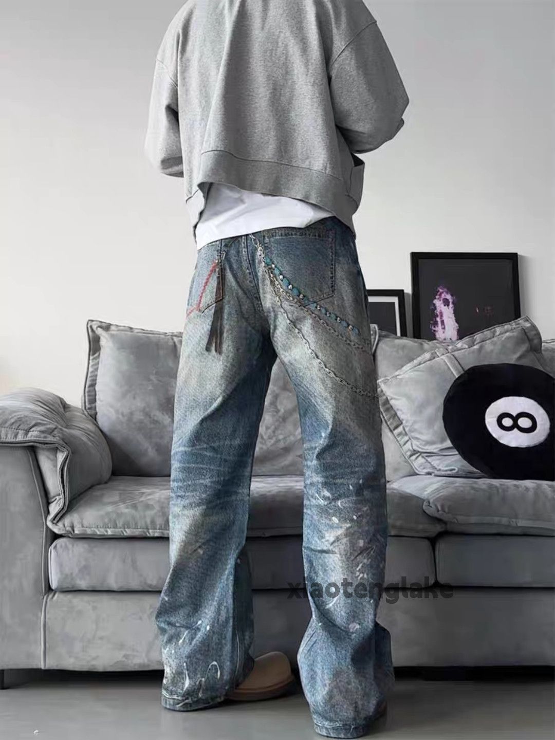 Jean Unisex washed faded print stain paint punk hiphop jeans Size US 28 / EU 44 - 2 Thumbnail