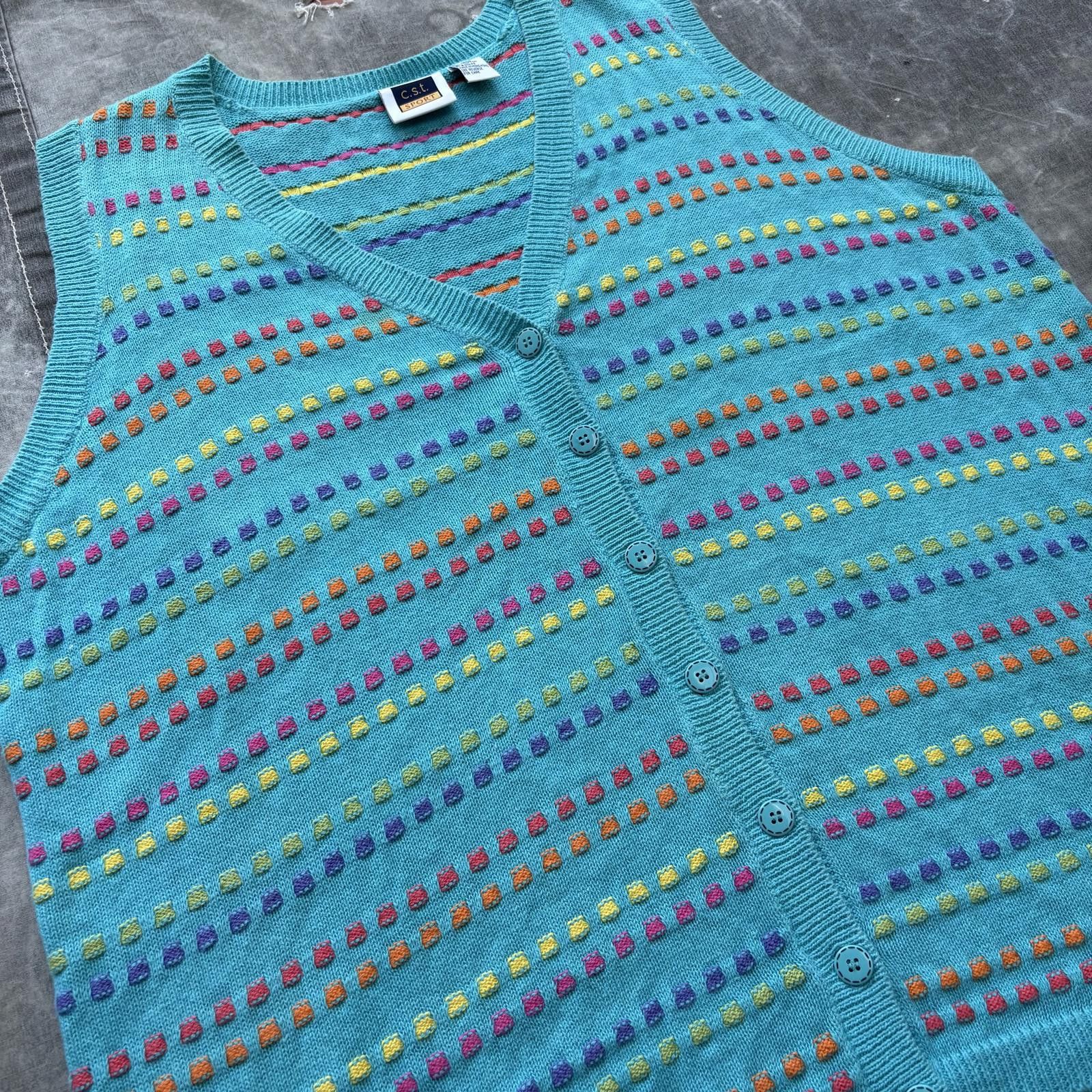 Vintage Vintage 90s Turquoise Embroidered Dots Sweater Cardigan Vest Size XXL / US 16-18 / IT 52-54 - 5 Thumbnail