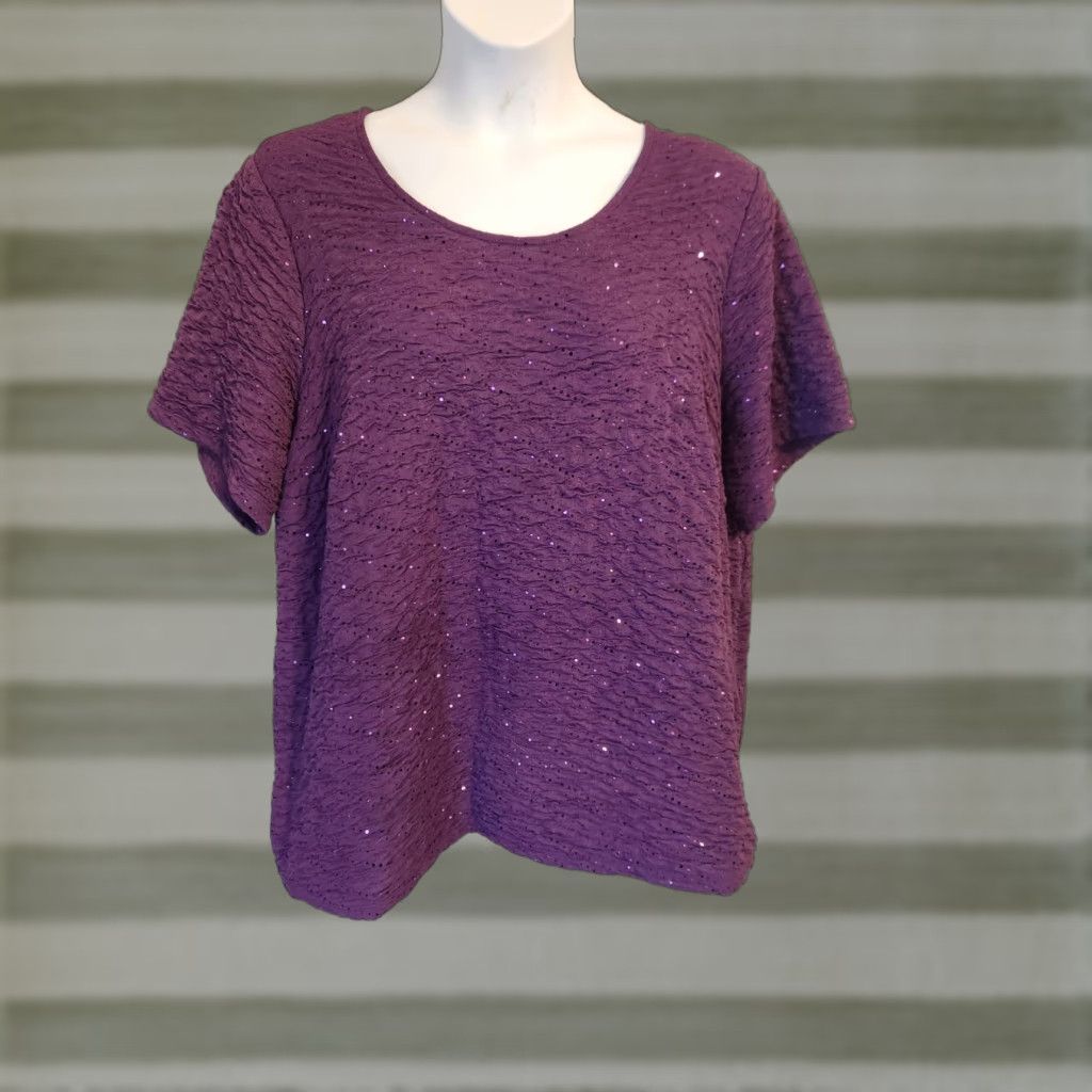 Vintage Maggie Barnes For Catherines Purple Plum Textured Sequin Short Sleeve Top 2X Size XXL / US 16-18 / IT 52-54 - 1 Thumbnail