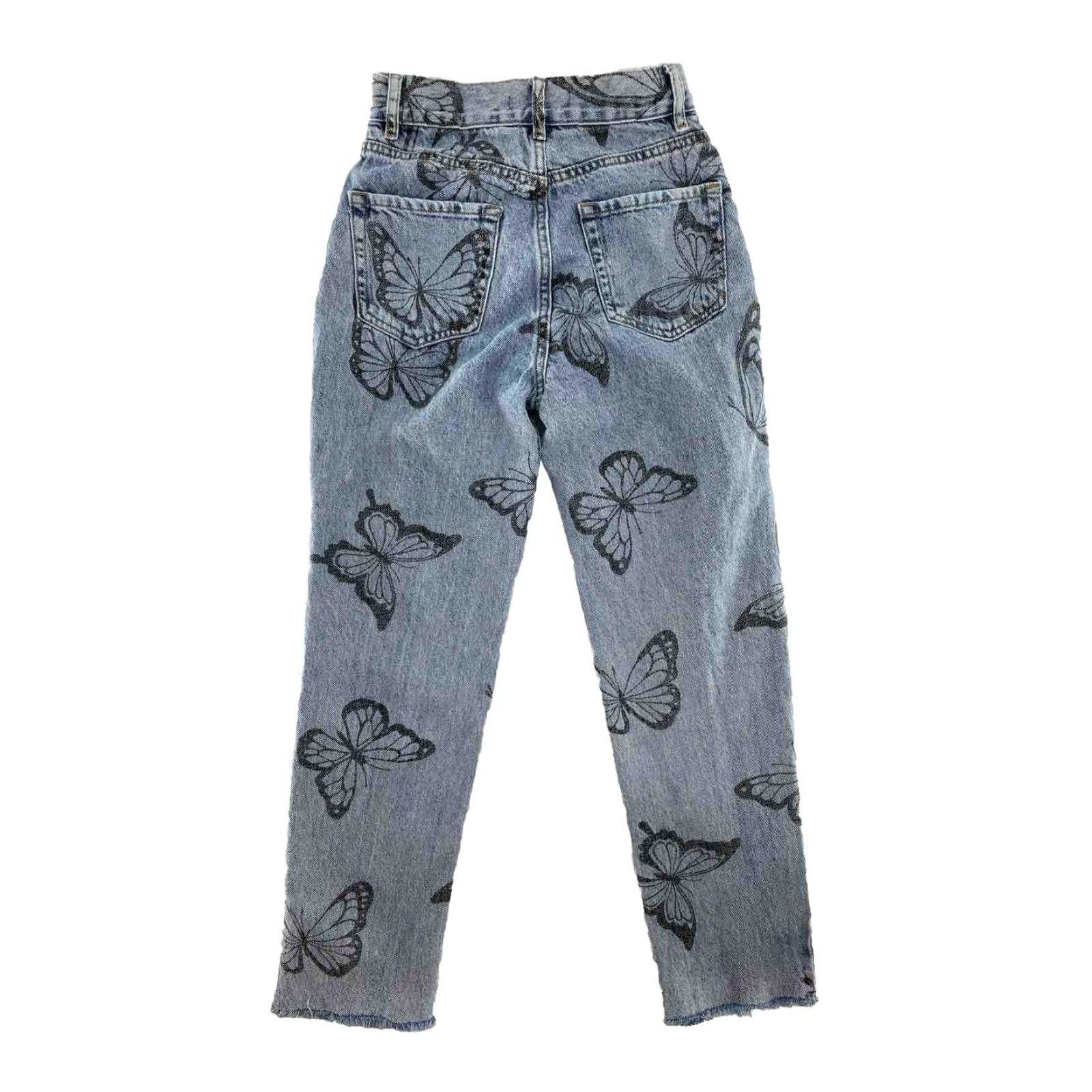 Pacsun PACSUN High Rise Straight Jeans Womens 23 Blue Fray Button Fly Butterfly Print Bohemian Hipster Bat Print 5-Pocket Denim Stone Wash Cool Casual Size 40" / US 18 - 2 Thumbnail