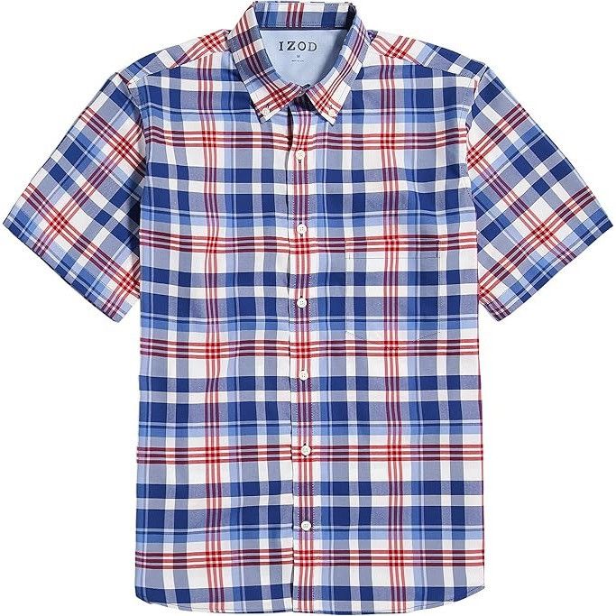 Izod Izod Mens Blue White Red Plaid Short Sleeve Button Down Poly Size US S / EU 44-46 / 1 - 3 Thumbnail