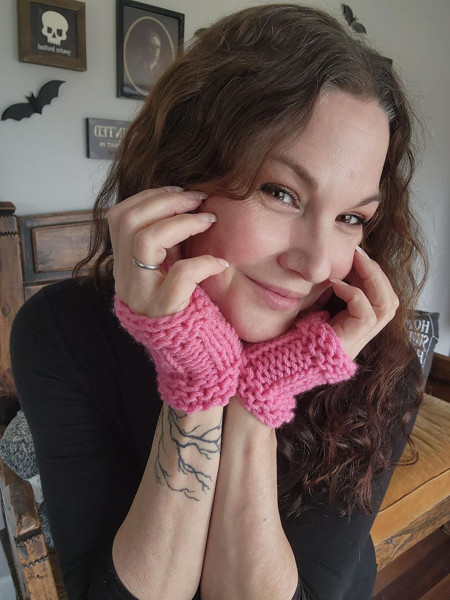Handmade Hand Knit Fingerless Gloves, Armwarmers in Pink, One of a Ki Size ONE SIZE - 3 Thumbnail