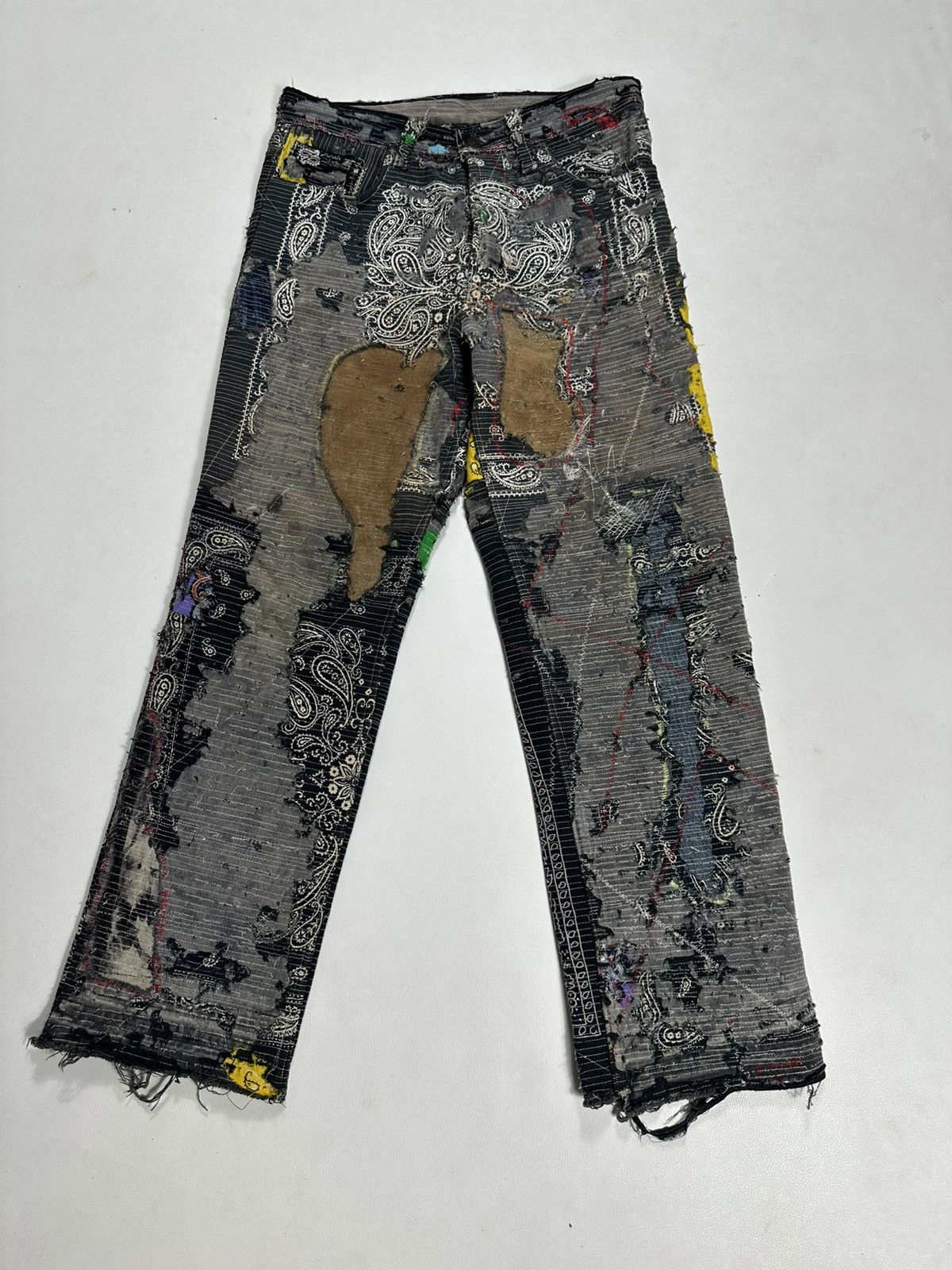 Handmade Custom Made Distressed Paisley Patchwork hemless Jeans pants Size US 30 / EU 46 - 1 Thumbnail