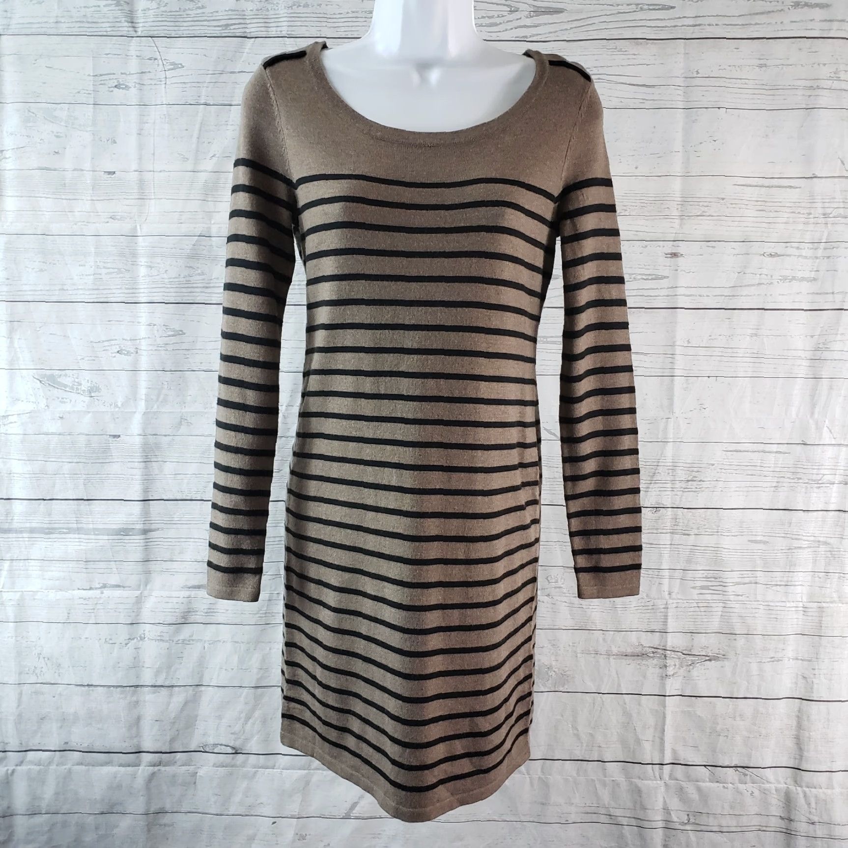 Loft LOFT Ann Taylor Womens Sweater Dress XS Black Taupe Striped Long Sleeve Pullover Knit 32" Length 24" Sleeve Size XS / US 0-2 / IT 36-38 - 2 Thumbnail