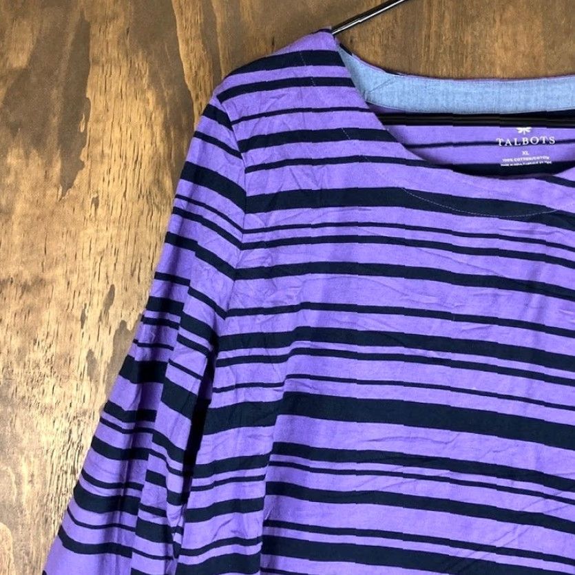 Talbots Talbots Women’s Shirt Purple Black Striped Long Sleeve Round Neck 100% Cotton XL Size XL / US 12-14 / IT 48-50 - 4 Thumbnail