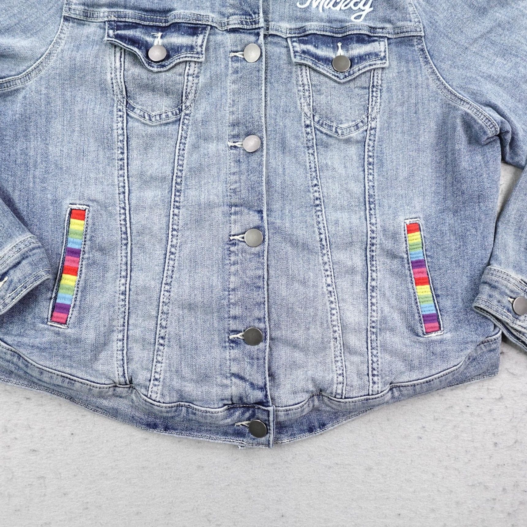 Disney Disney Torrid Jacket Womens 1X Blue Denim Jean Mickey Rainbow Pride Coat NEW Size 40" / US 18 - 5 Thumbnail