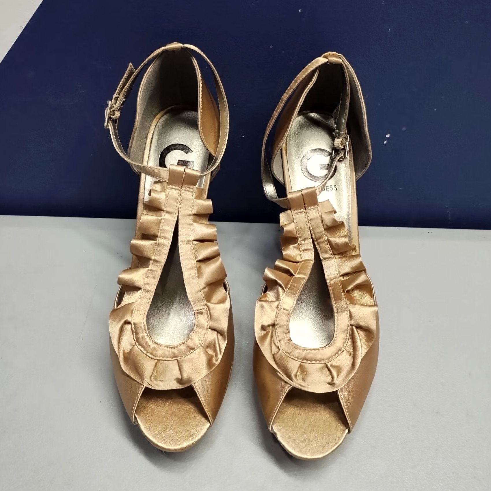 Guess G by GUESS Glucosa Pump Heels Womens US 10M Gold Stiletto Lightweight Open Toe Pump Size US 10 / IT 40 - 2 Thumbnail