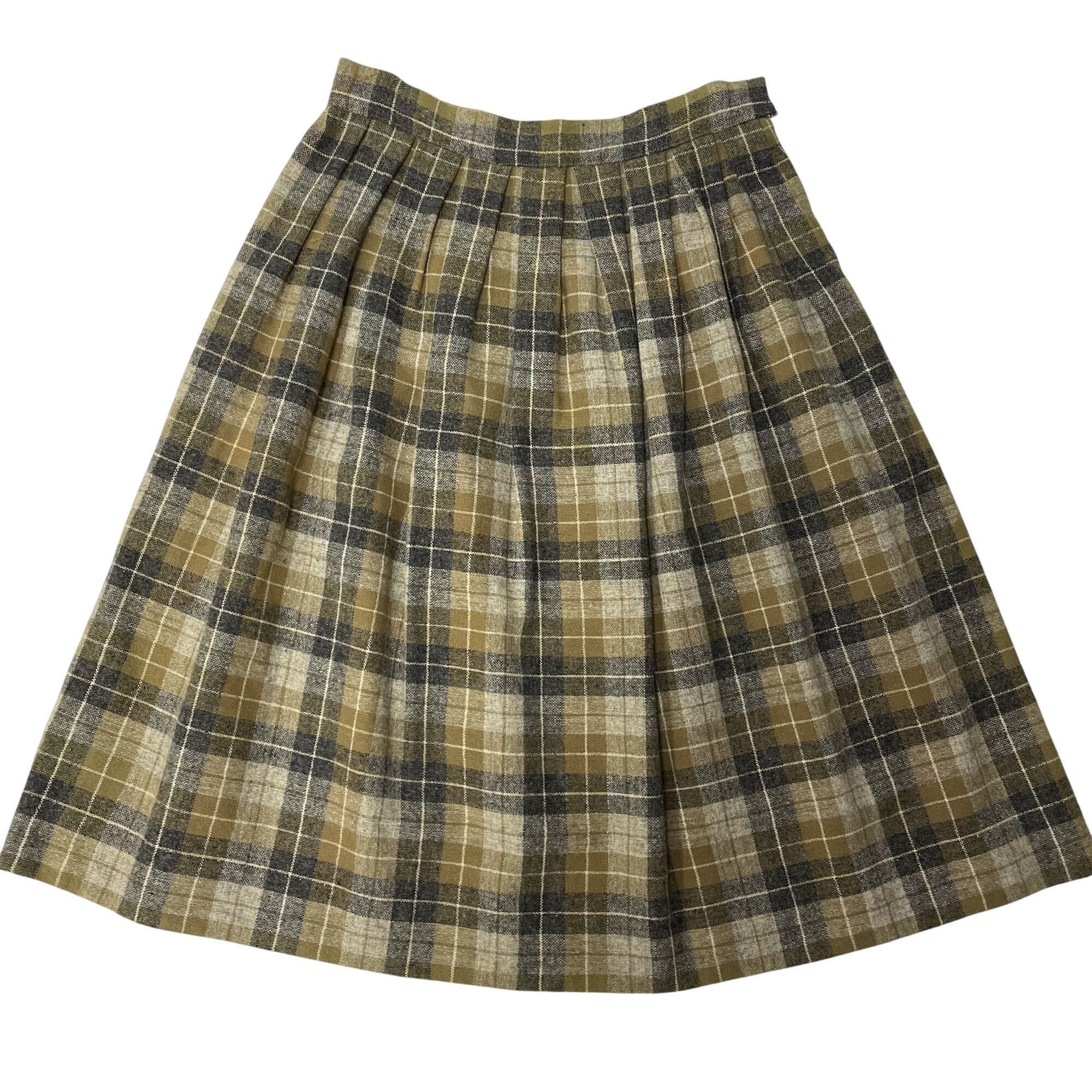 Other Vtg Olive Black White PLAID PLEATED Wool Petite Skirt Size 24" / US 00 / IT 34 - 1 Thumbnail