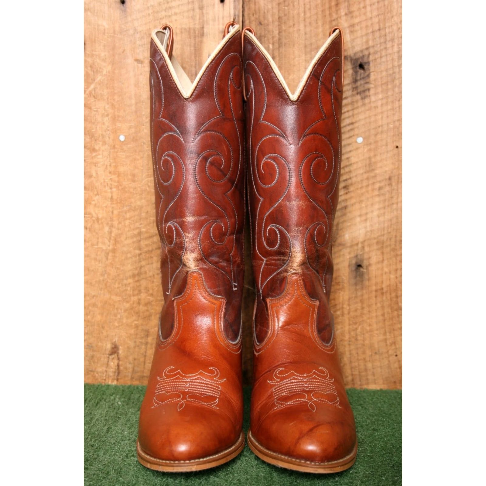 Vintage VINTAGE Acme Cognac Leather Synthetic Shaft Cowgirl Boots 3.25" Wood Heels 10M Brown Western Women Shoe/Boots Mens Size US 10 / IT 40 - 4 Thumbnail