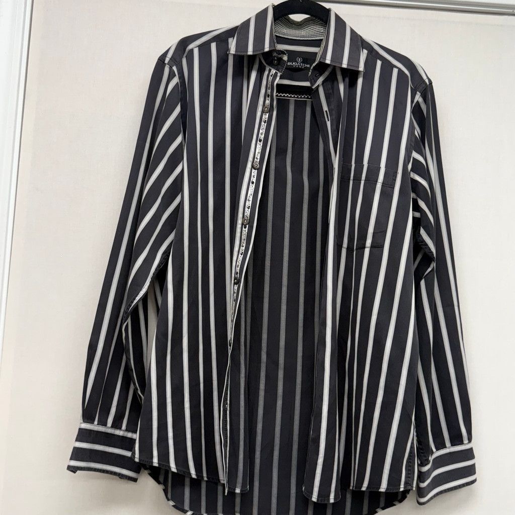 BUGATCHI Men's Bugatchi Button Down Shirt Med Black/White Striped Size US M / EU 48-50 / 2 - 2 Thumbnail