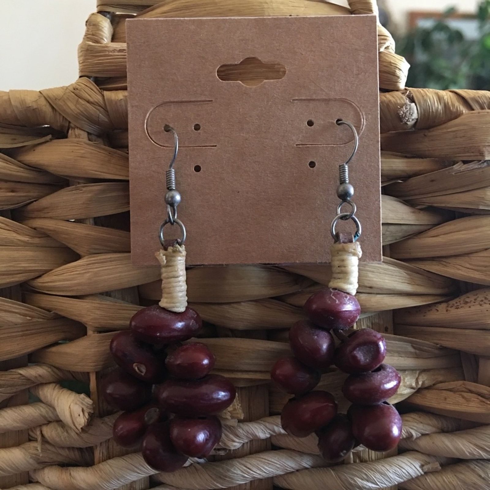 Handmade Boho natural bean dangle fish hook earrings Size ONE SIZE - 2 Thumbnail