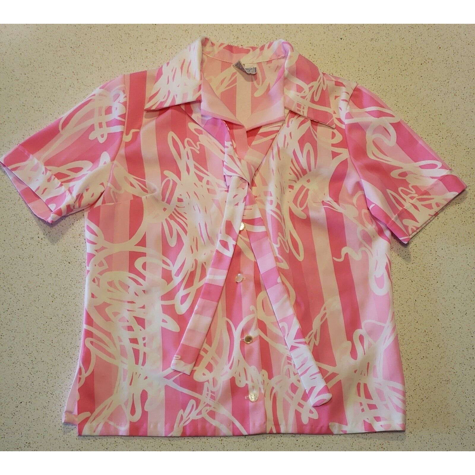 Vintage 70s Pussy Bow Top Womens M Pink Floral Polyester Short Sleev Size M / US 6-8 / IT 42-44 - 5 Thumbnail