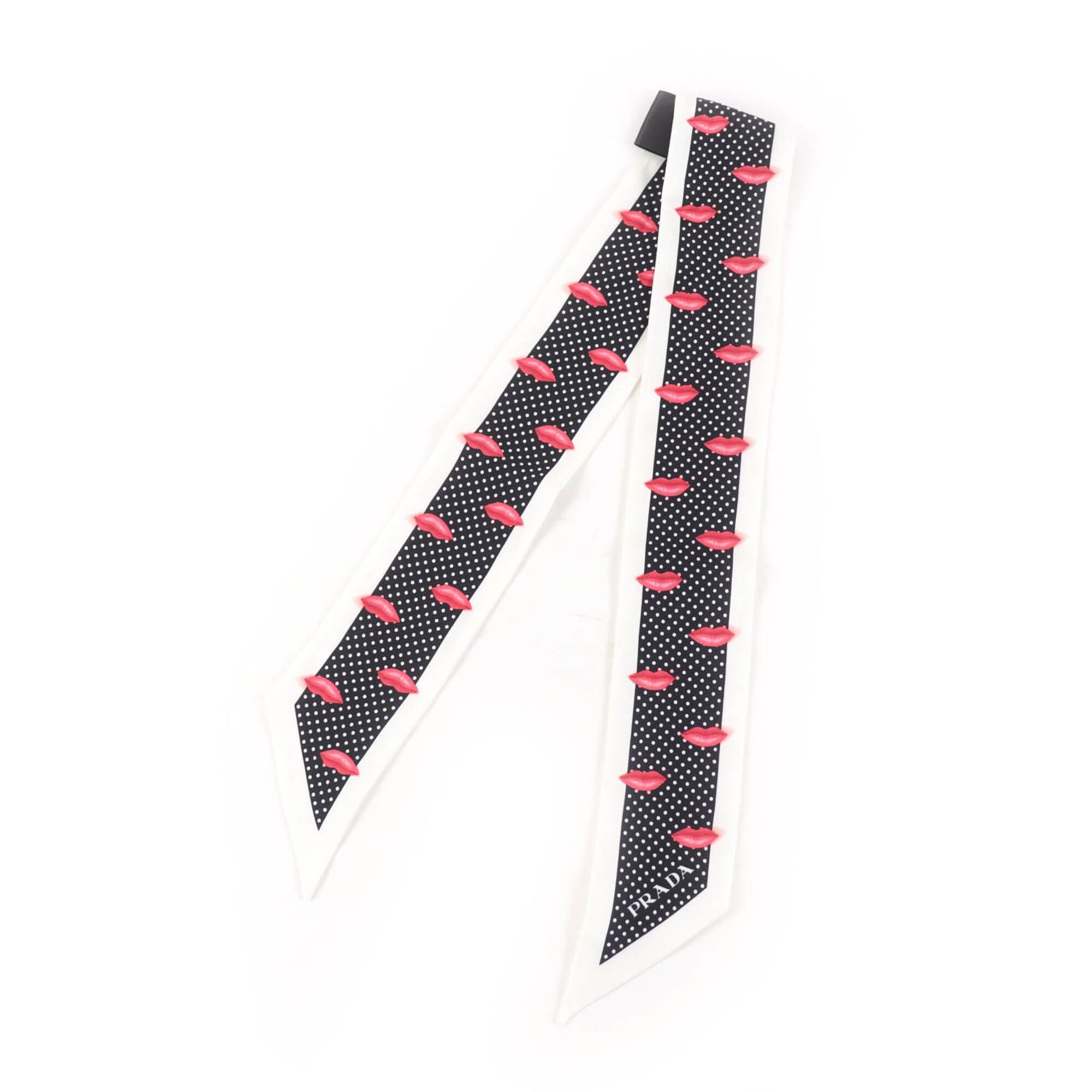 Prada PRADA 1FF008 Printed Silk Twill Skinny Scarf, 100% Silk, Lip Dot Pattern, White & Black, 850 x 60mm, with Box, Made in Italy, Authentic, Women's. Size ONE SIZE - 1 Thumbnail