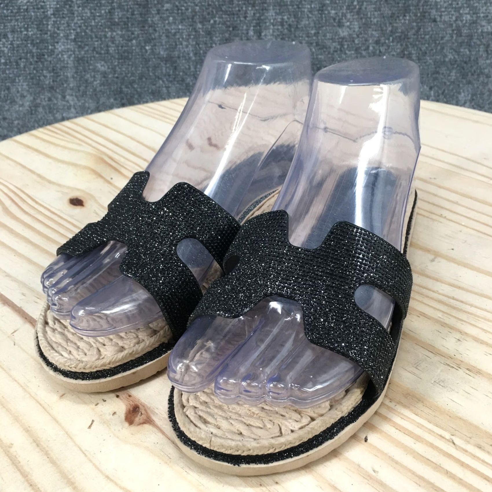 Vintage Cindy Claire Sandals Womens 38 Slide Flats Slip On CC Logo Black Glitter Open Toe Womens Shoes Slips On Sandals Low Heel Flat Casual Size US 8 / IT 38 - 3 Thumbnail