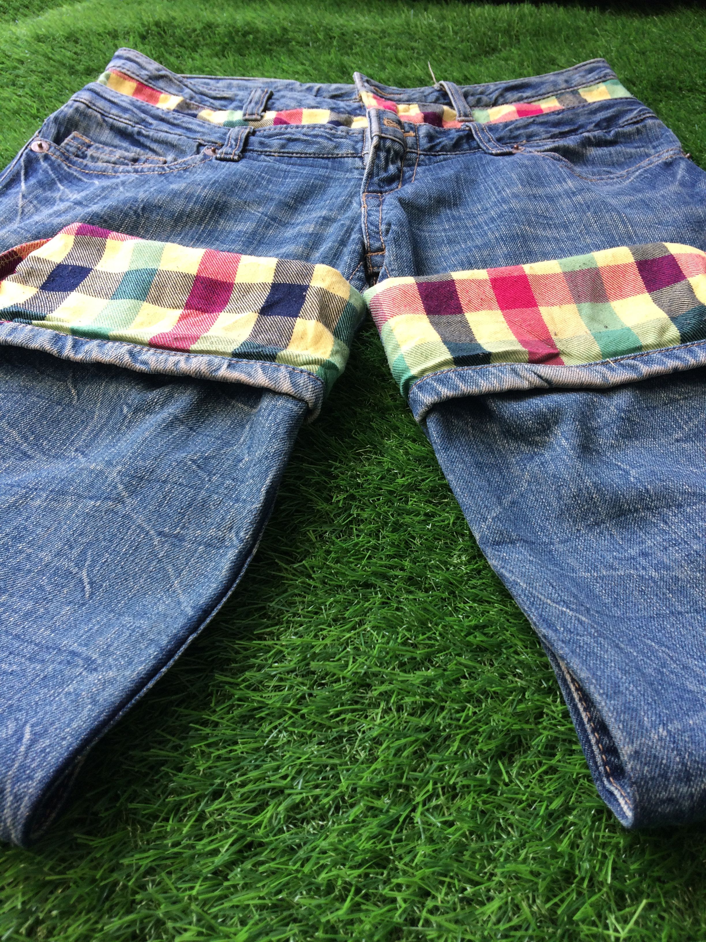 Japanese Brand × Vintage Vtg Distressed Double Waist Checkered Denim Jeans D-689 Size US 31 - 9 Thumbnail