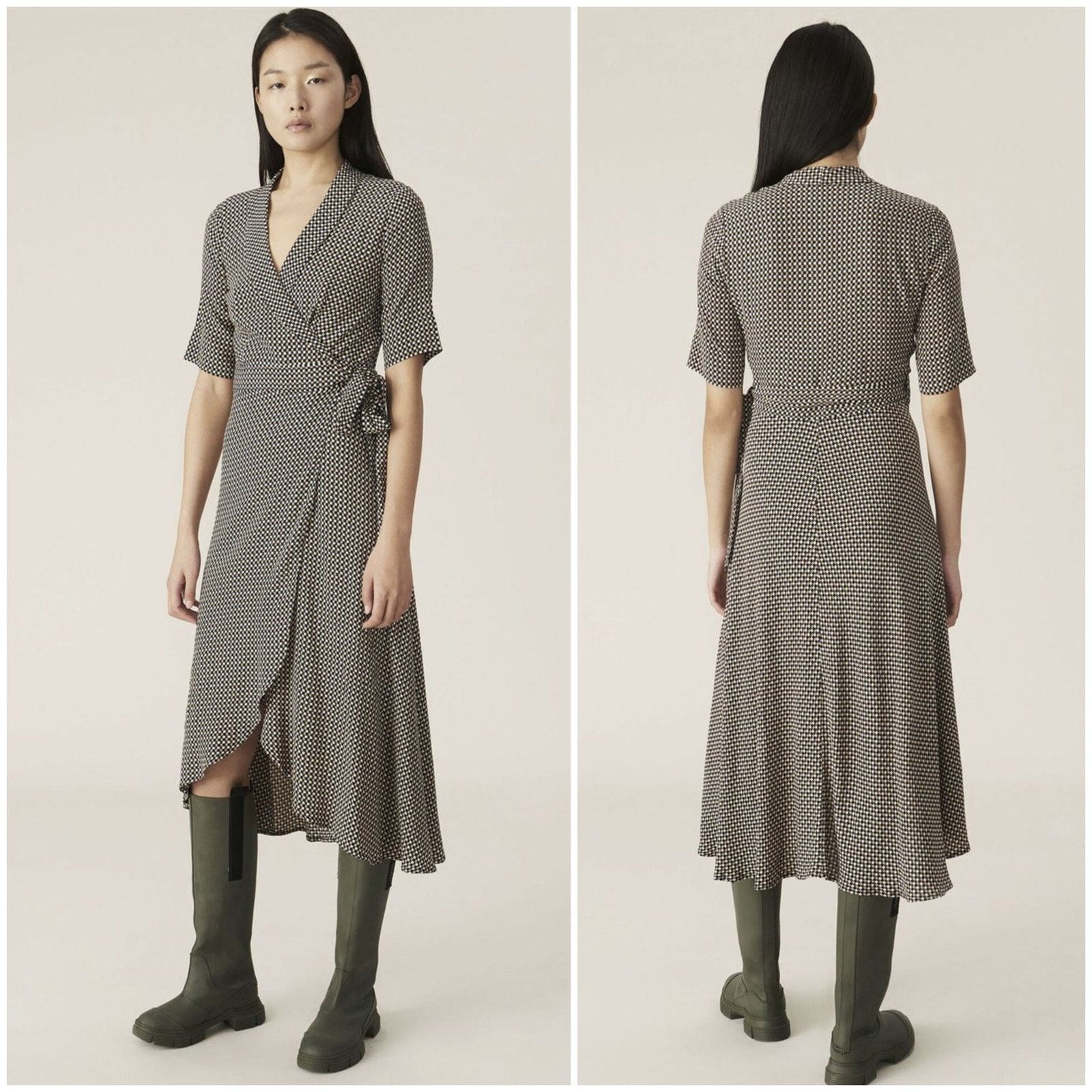 Ganni Ganni Printed Crepe Wrap Dress Grey Multi check size 34 Size XS / US 0-2 / IT 36-38 - 1 Thumbnail