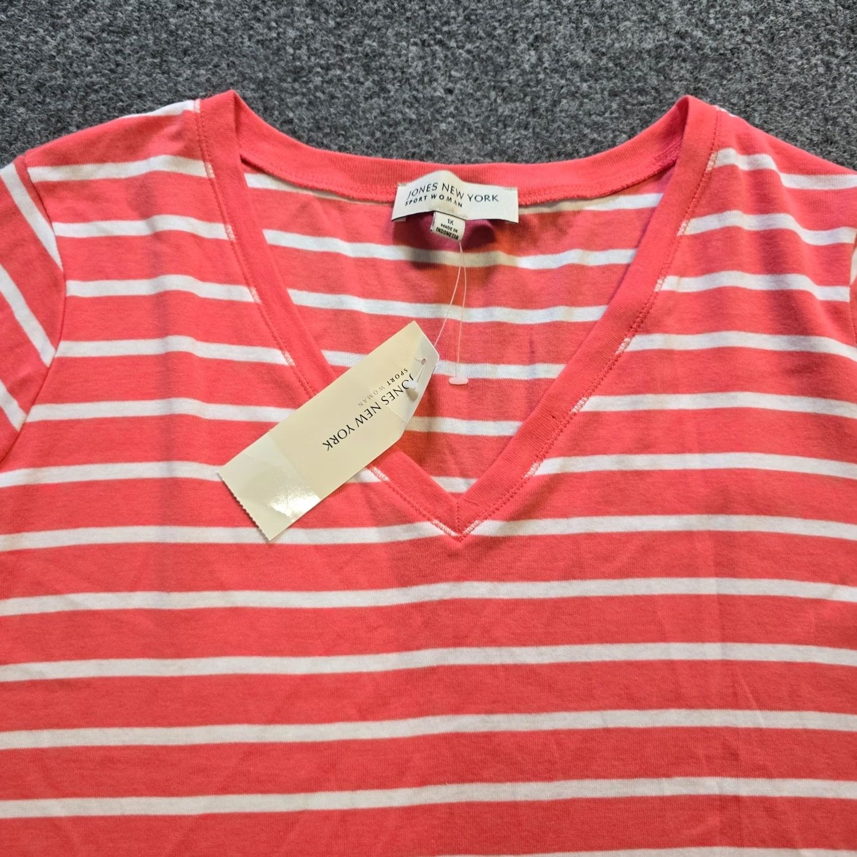 Jones New York Jones New York Top Womens 1X Orange Pink Stripe Short Sleeve Knit Cotton V-Neck T-Shirt Casual Stretch Regular Womens Size XL / US 12-14 / IT 48-50 - 2 Thumbnail