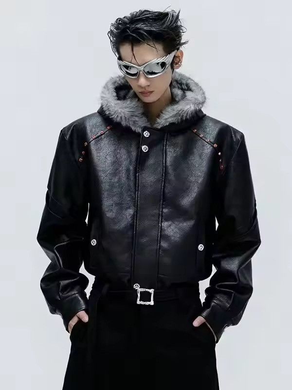 Japanese Brand Black Faux Leather Bomber Jacket with Fur Collar Size US XL / EU 56 / 4 - 3 Thumbnail