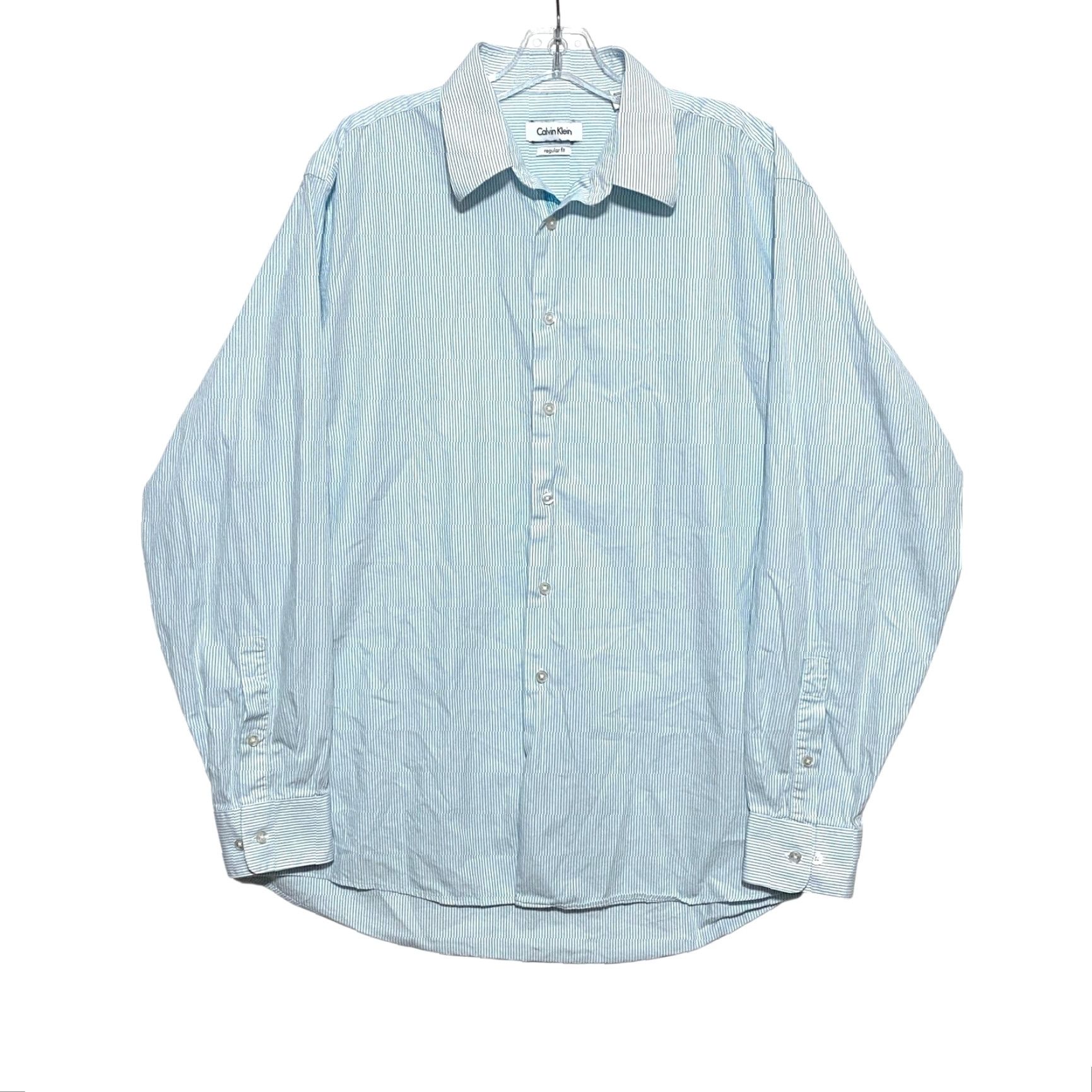 Calvin Klein Calvin Klein Dress Shirt Mens 16.5 34-35 Regular Fit Striped Blue Seersucker Long Sleeve Button Cuff White 100% Cotton Size 46R - 2 Thumbnail