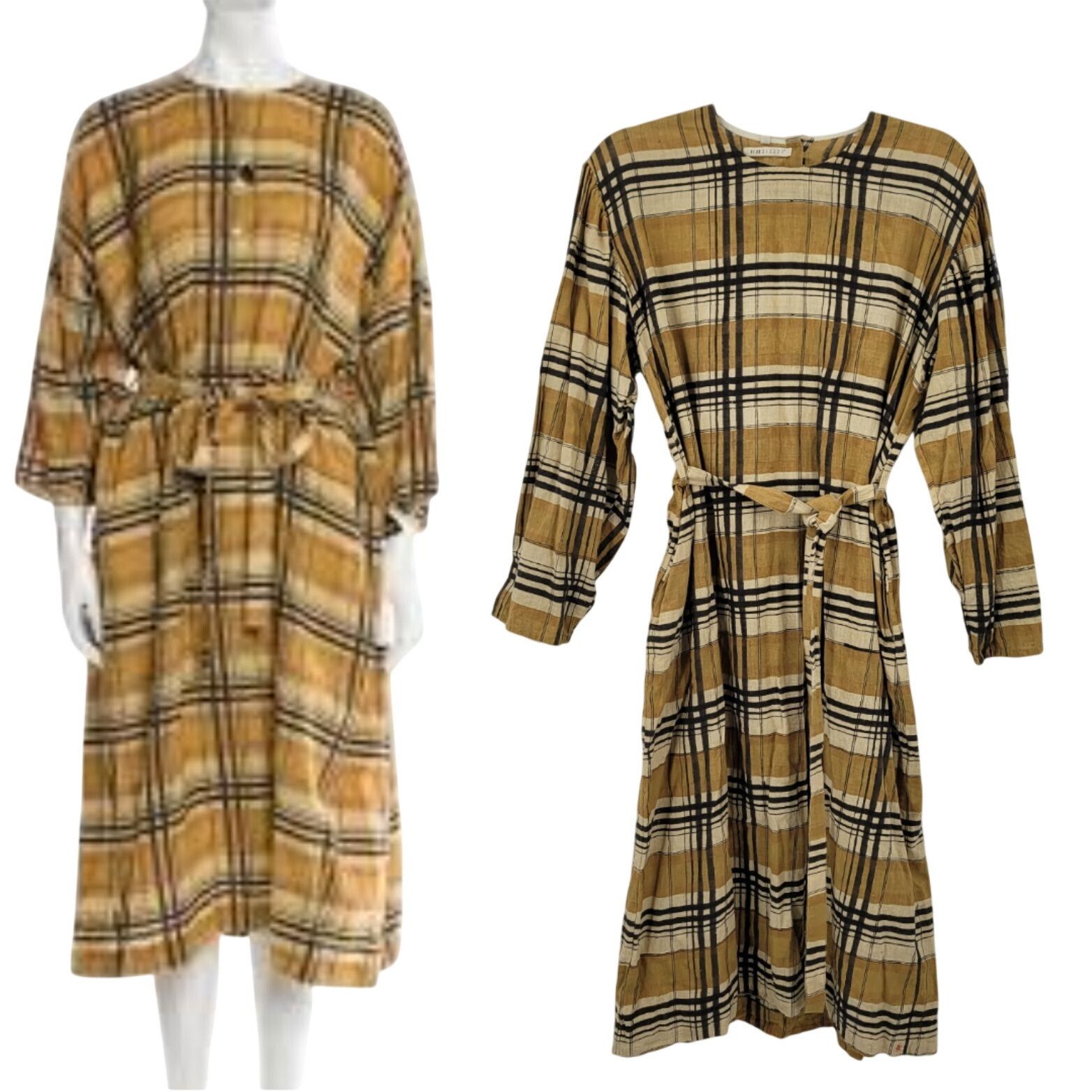 Designer Eleven Eleven Checkered Plaid Mustard Belted Midi Dress Sz M Size M / US 6-8 / IT 42-44 - 2 Thumbnail