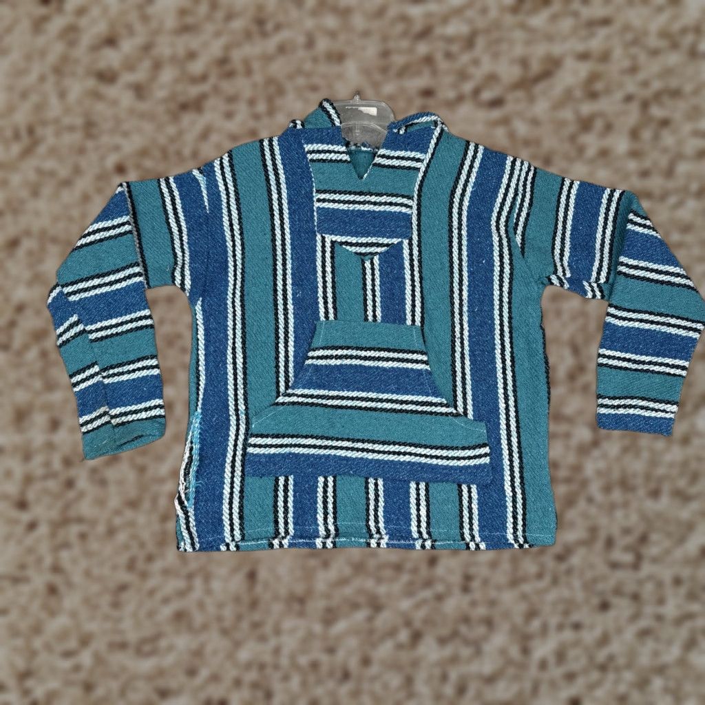 KangaROOS Baja Hoodie Mens Small Blue Striped Heavyweight Kangaroo Pocket Drug Rug Poncho Hooded V-Neck Knit Pullover Hippie Seasonal Fall Winter Mens, M Size US M / EU 48-50 / 2 - 1 Thumbnail