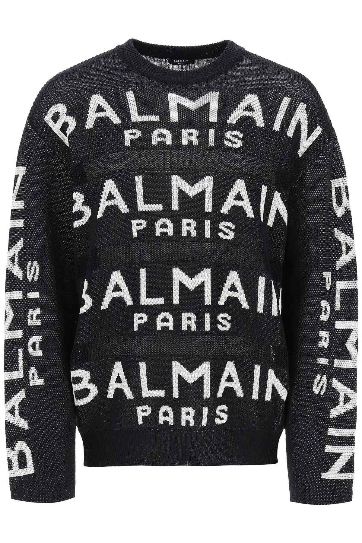 image of Balmain O1S22I1N0224 All-Over Logo Cotton Pullover In Black White, Men's (Size XL)