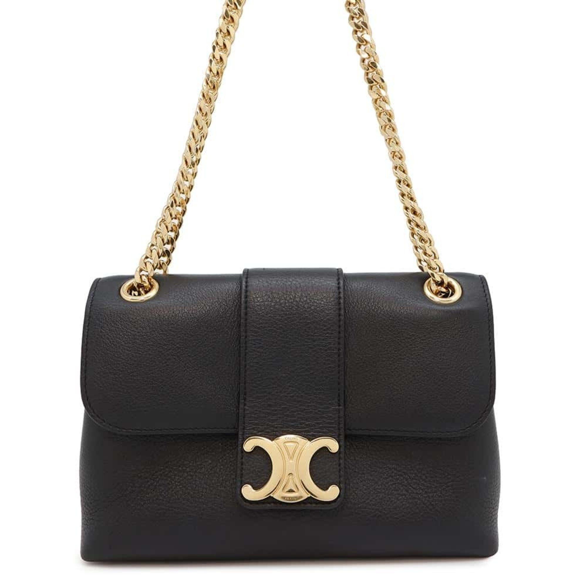 Celine Chain Shoulder Bag Triomphe Teen Victoire Calf Leather 116593 Black, Women's