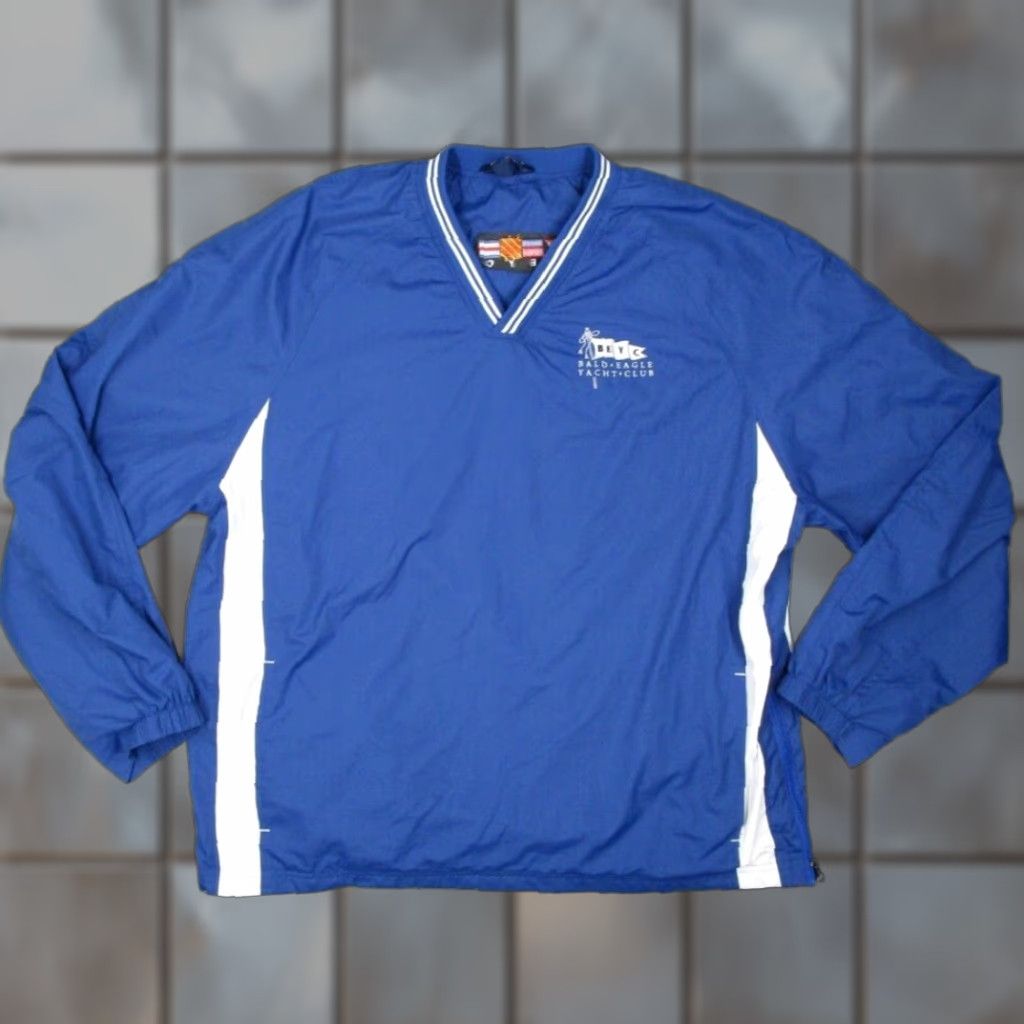 Vintage SPORT-TEK Mens Blue V Neck Pullover Windbreaker Jacket 2XL XXL Pockets Logo Bald Eagle Yacht Club Size US XXL / EU 58 / 5 - 1 Thumbnail