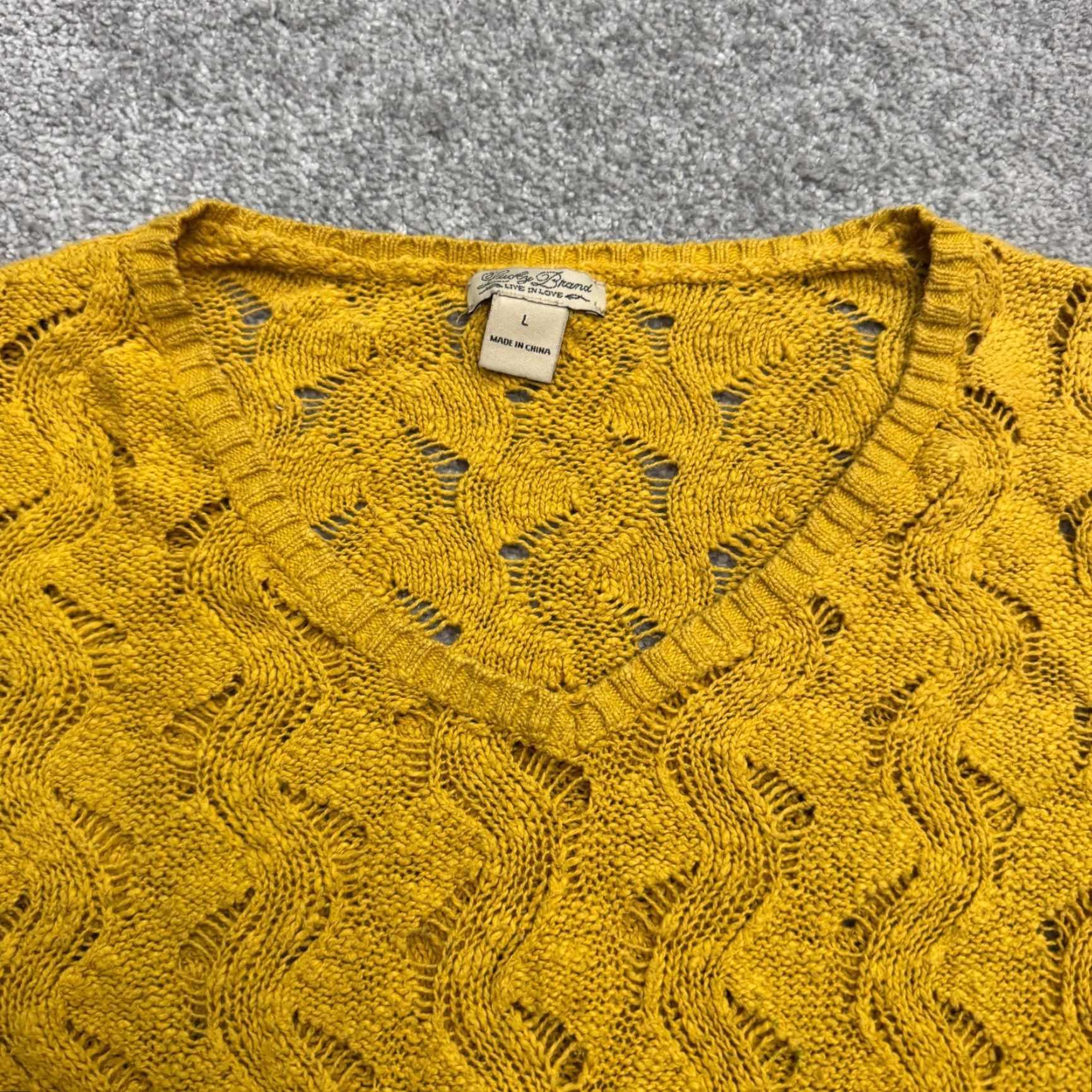 Lucky Brand Lucky Brand Crochet Pullover Sweater Womens L Yellow Open Knit V-Neck Bohemian Classic Size L / US 10 / IT 46 - 3 Thumbnail