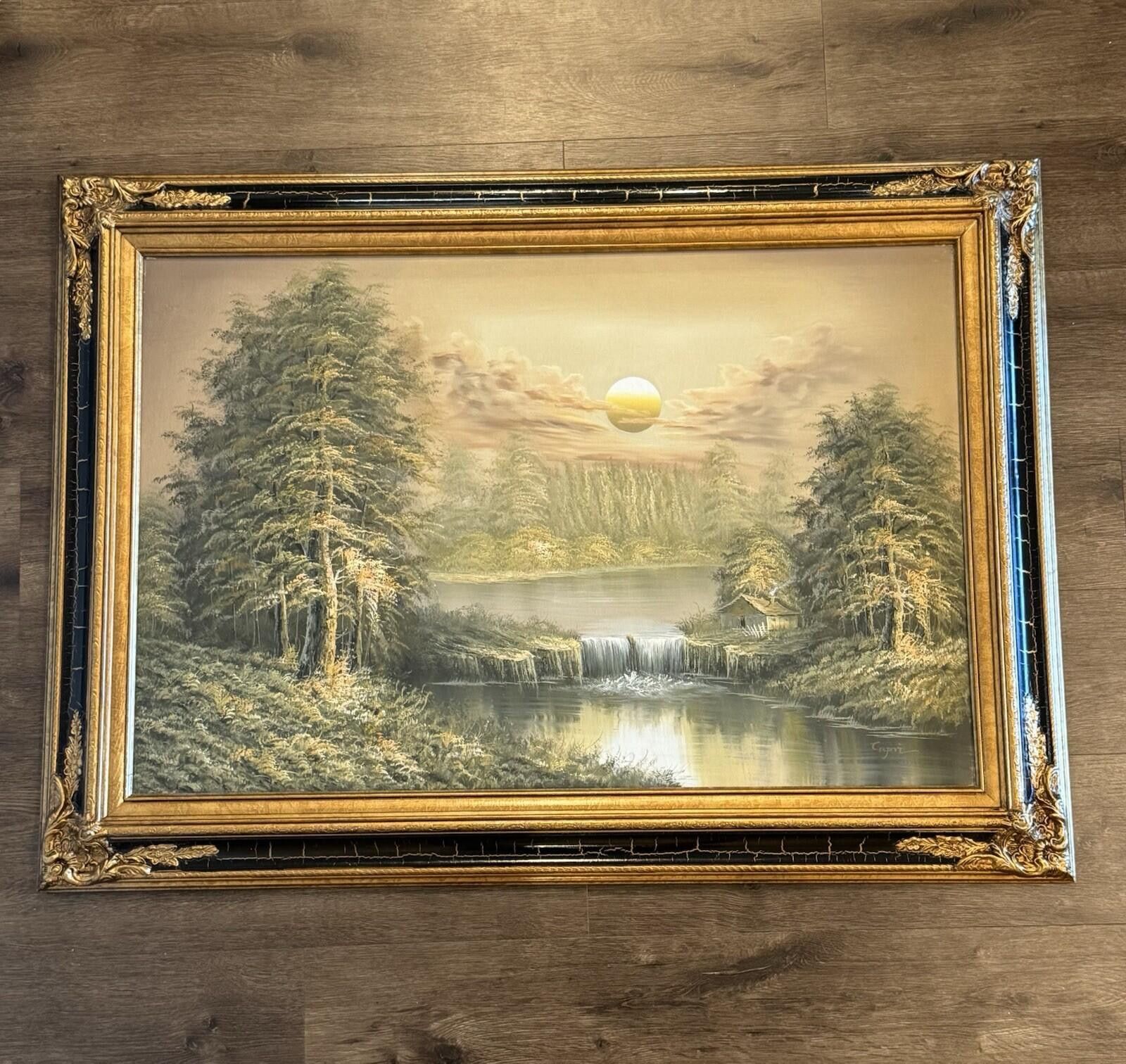 Other Original Signed “Capri” Oil Painting Forest Lake Cabin Water Size ONE SIZE - 1 Thumbnail
