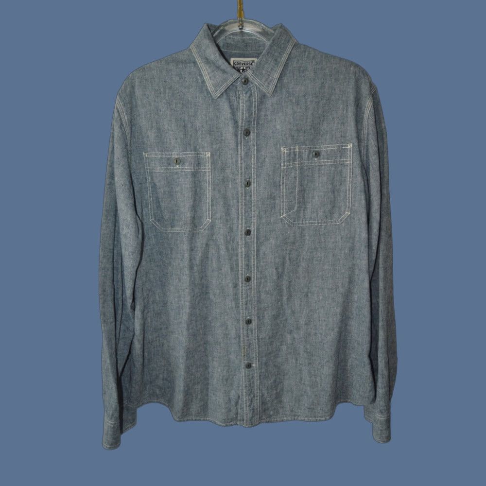 Converse Converse One Star Mens Long Sleeve Button Up Shirt XL Linen Blend Blue Heather Size US XL / EU 56 / 4 - 1 Thumbnail