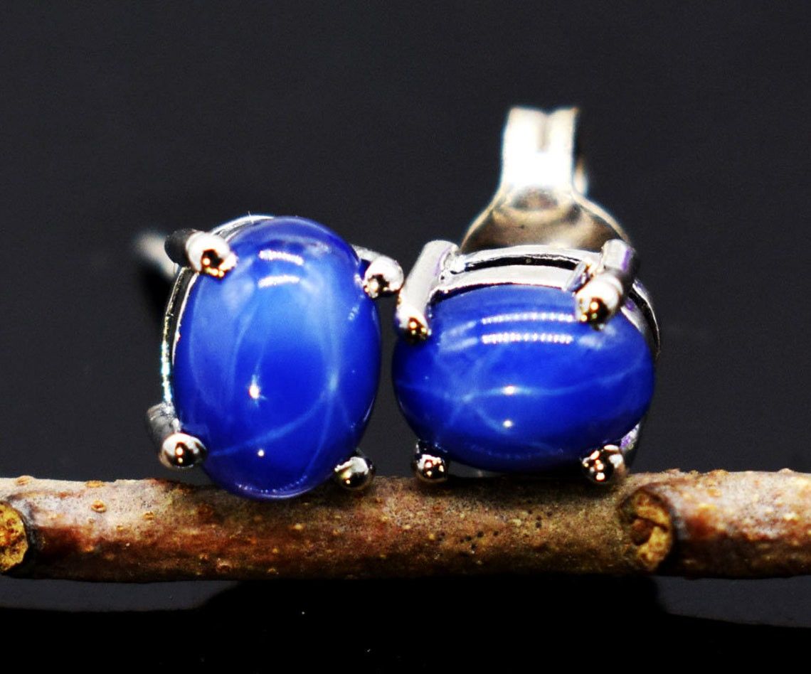 Handmade Blue Star Sapphire Sterling Silver Stud Earrings Size ONE SIZE - 1 Thumbnail